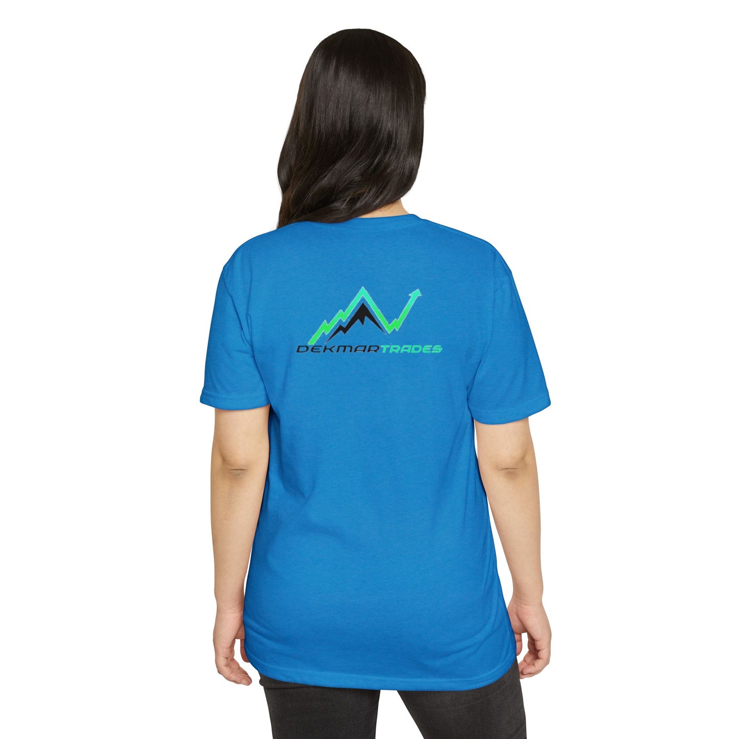 Asian woman back view in turquoise tee, green "Dekmar Trades" peak graph popping