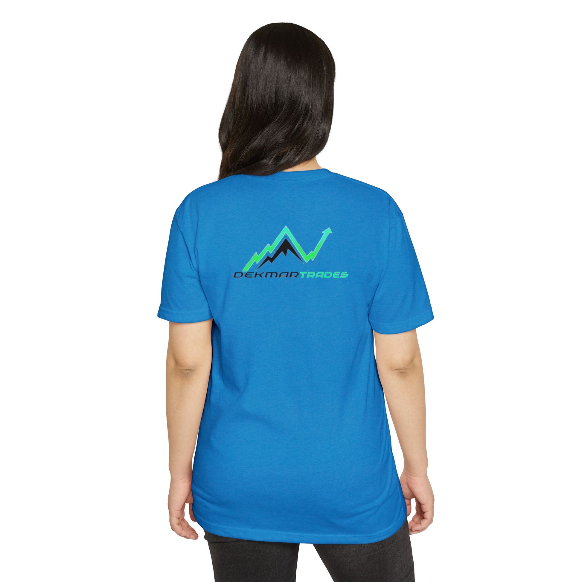 Asian woman back view in turquoise tee, green "Dekmar Trades" peak graph popping