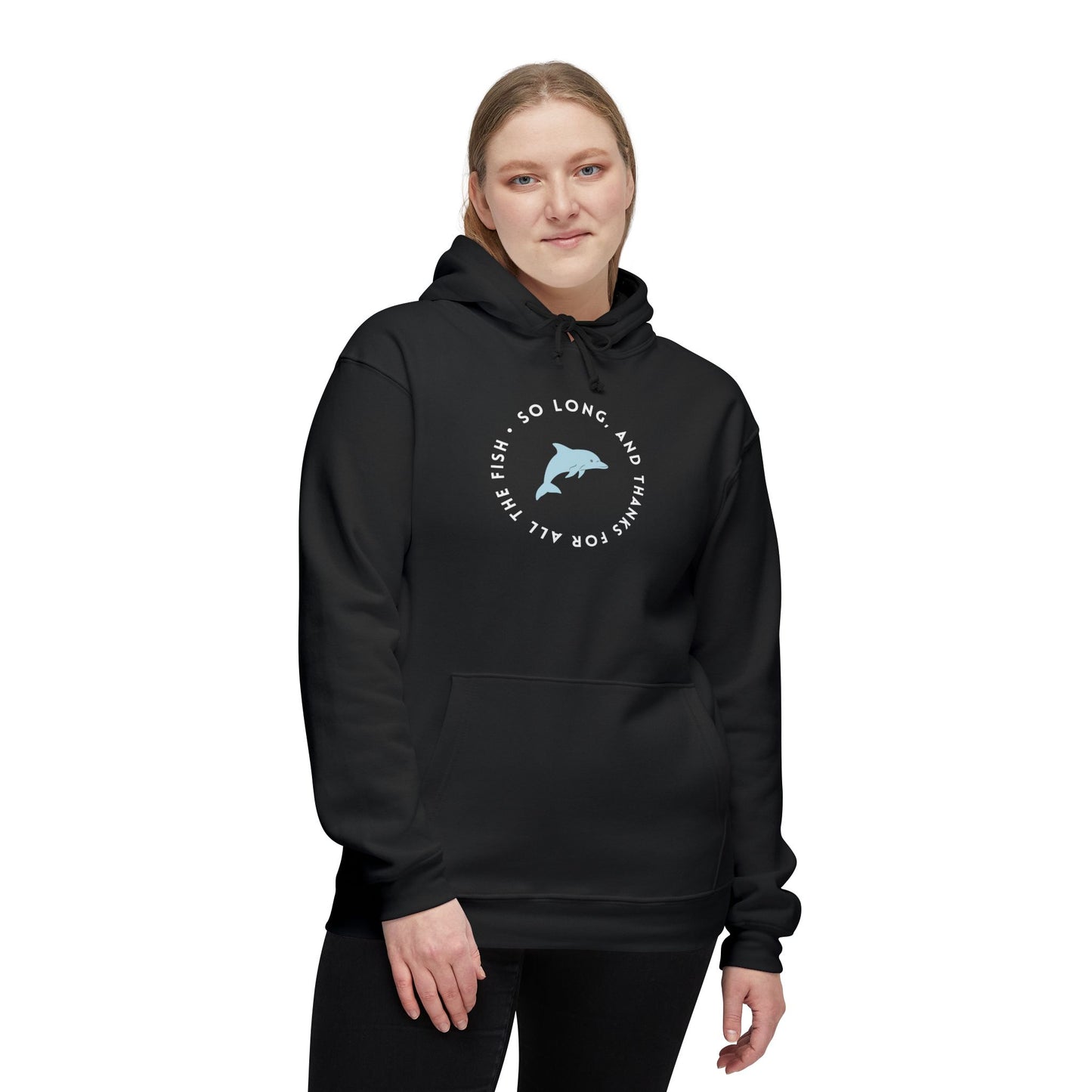 Female model in black hoodie, front view showing playful white dolphin "So long..." graphic