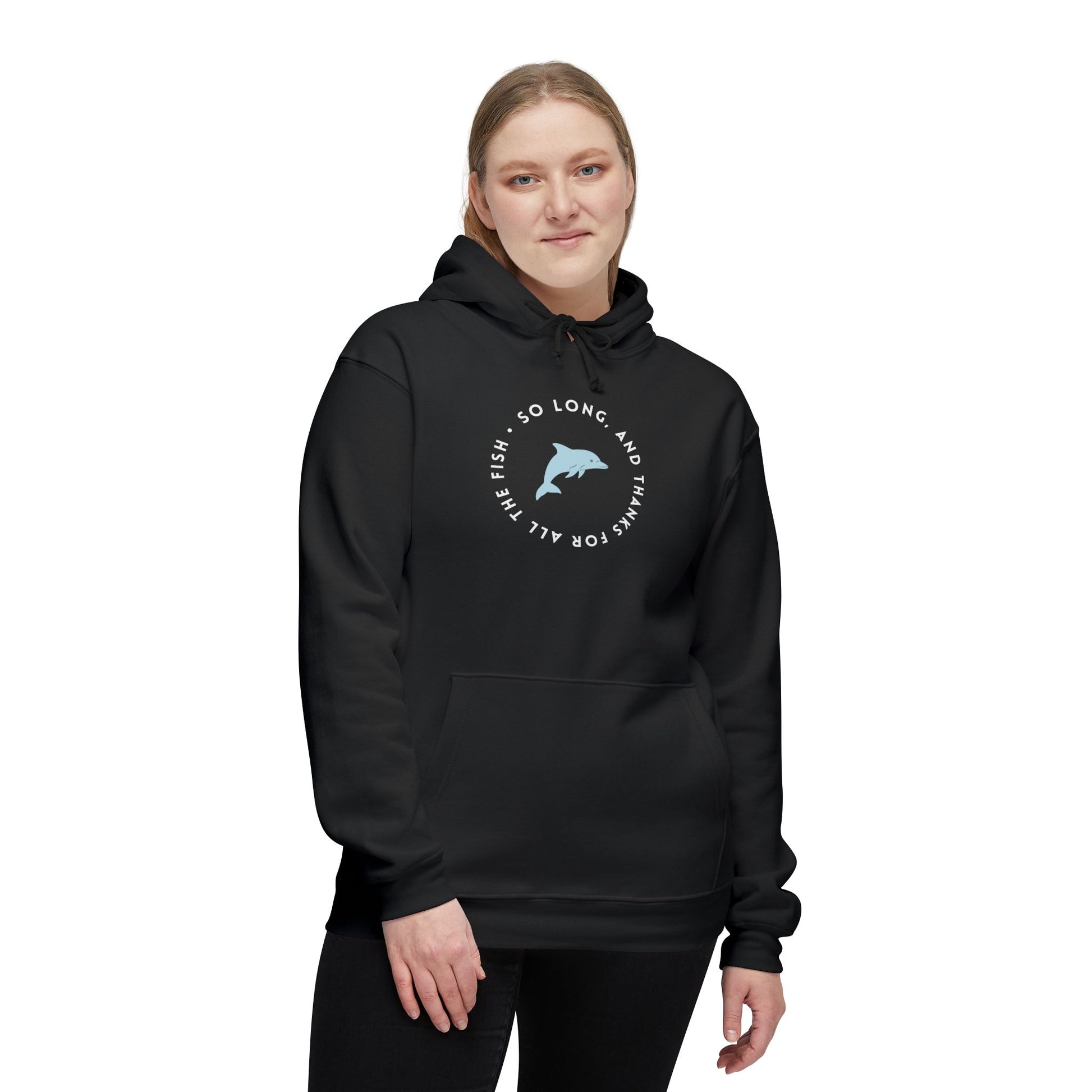 Female model in black hoodie, front view showing playful white dolphin "So long..." graphic