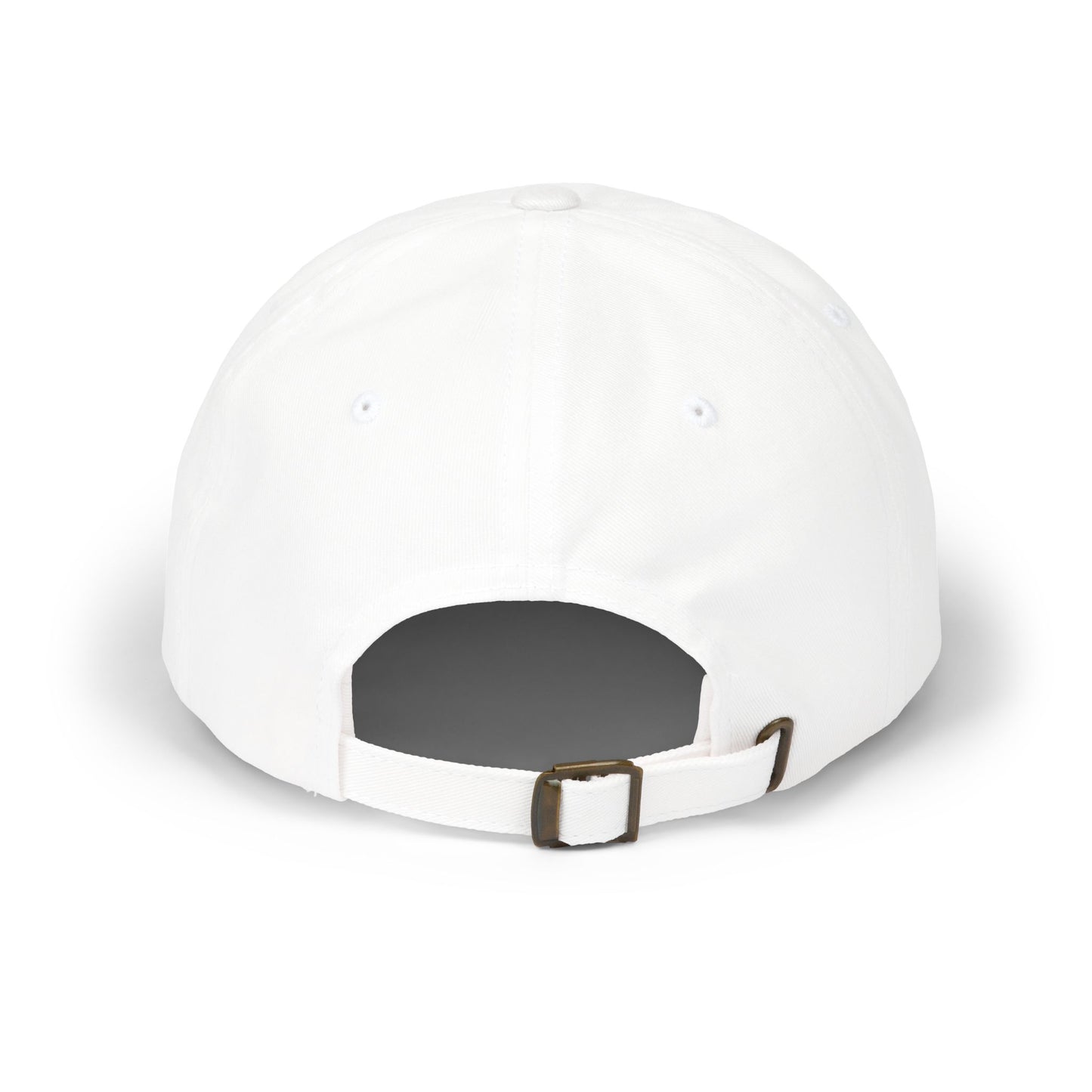 Back view of white dad hat, plain crown with antique brass buckle and adjustable strap