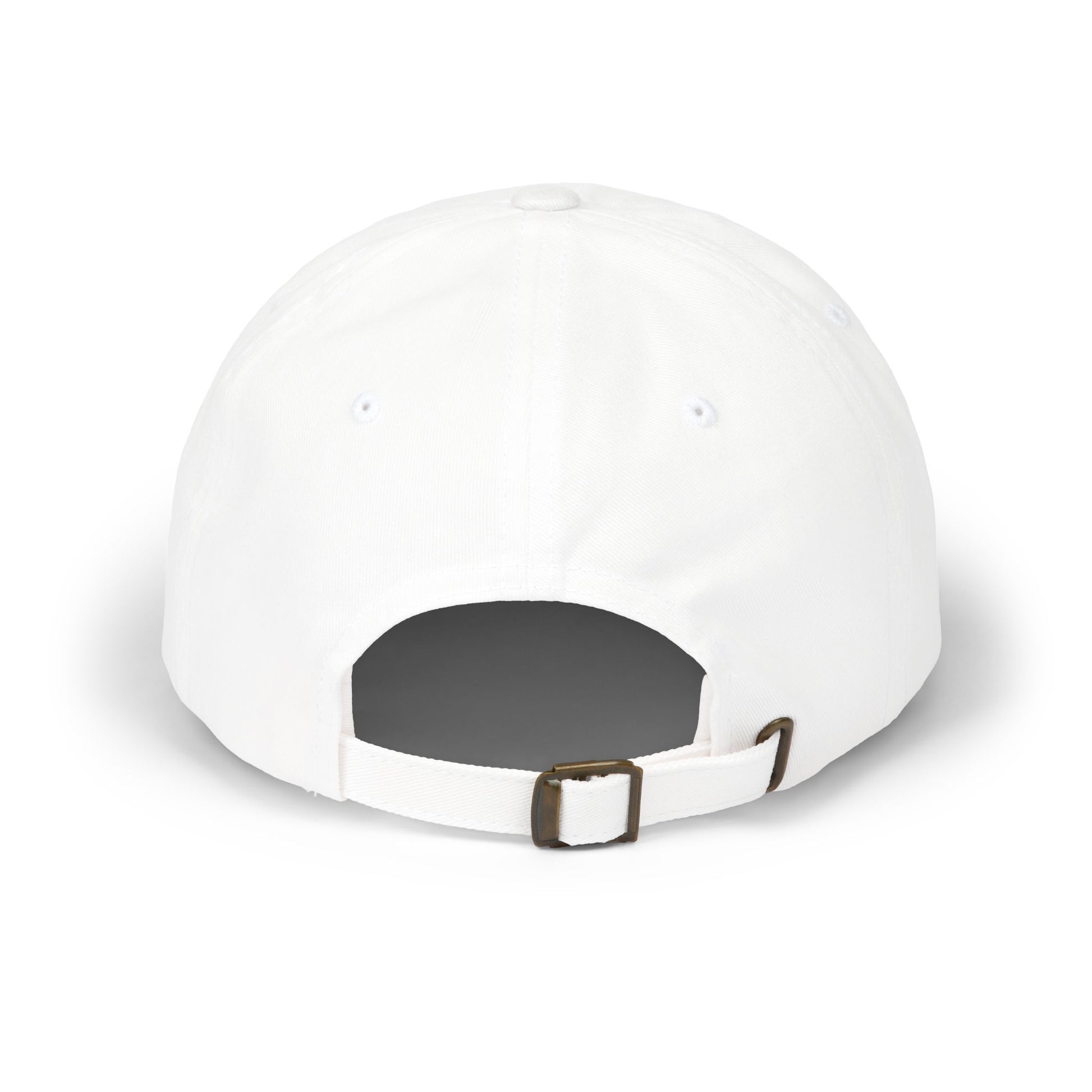 Back view of white dad hat, plain crown with antique brass buckle and adjustable strap