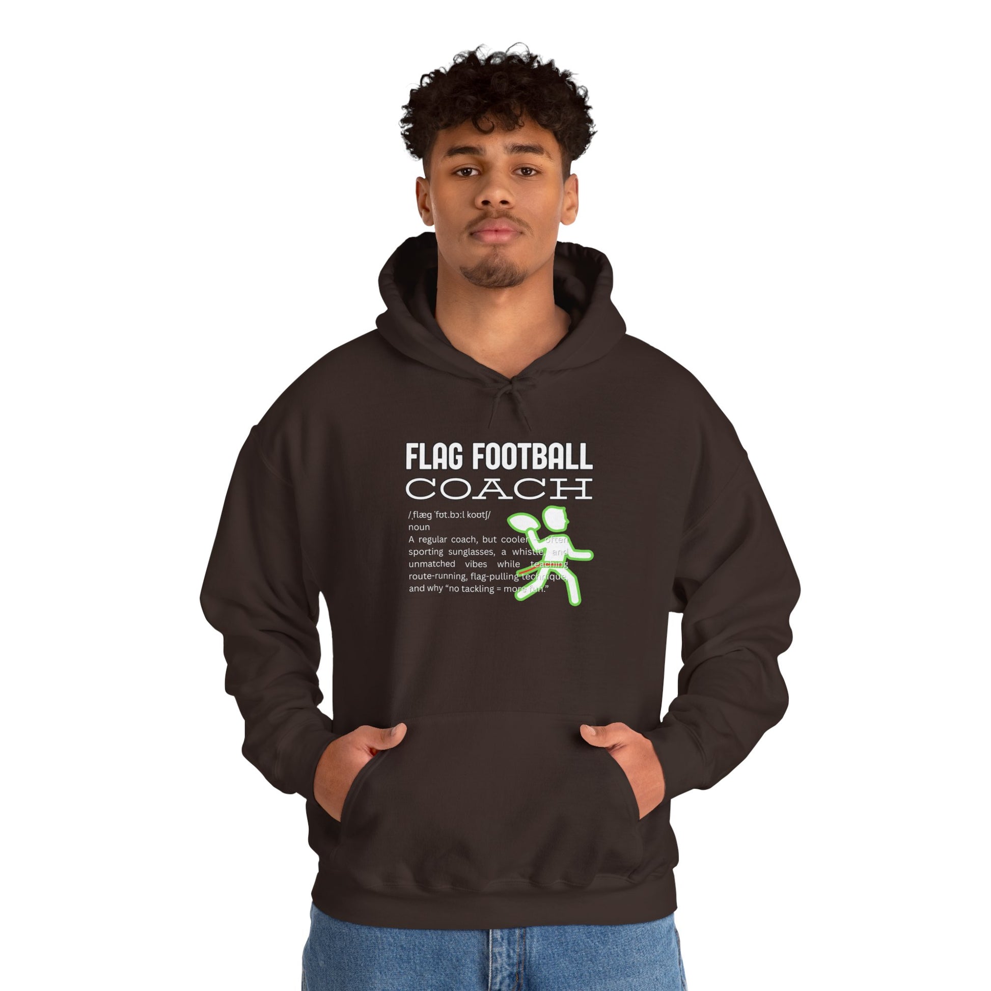 Male model with curly hair in Dark Chocolate Flag Football Coach hoodie, front print with neon green runner, casual jeans pose