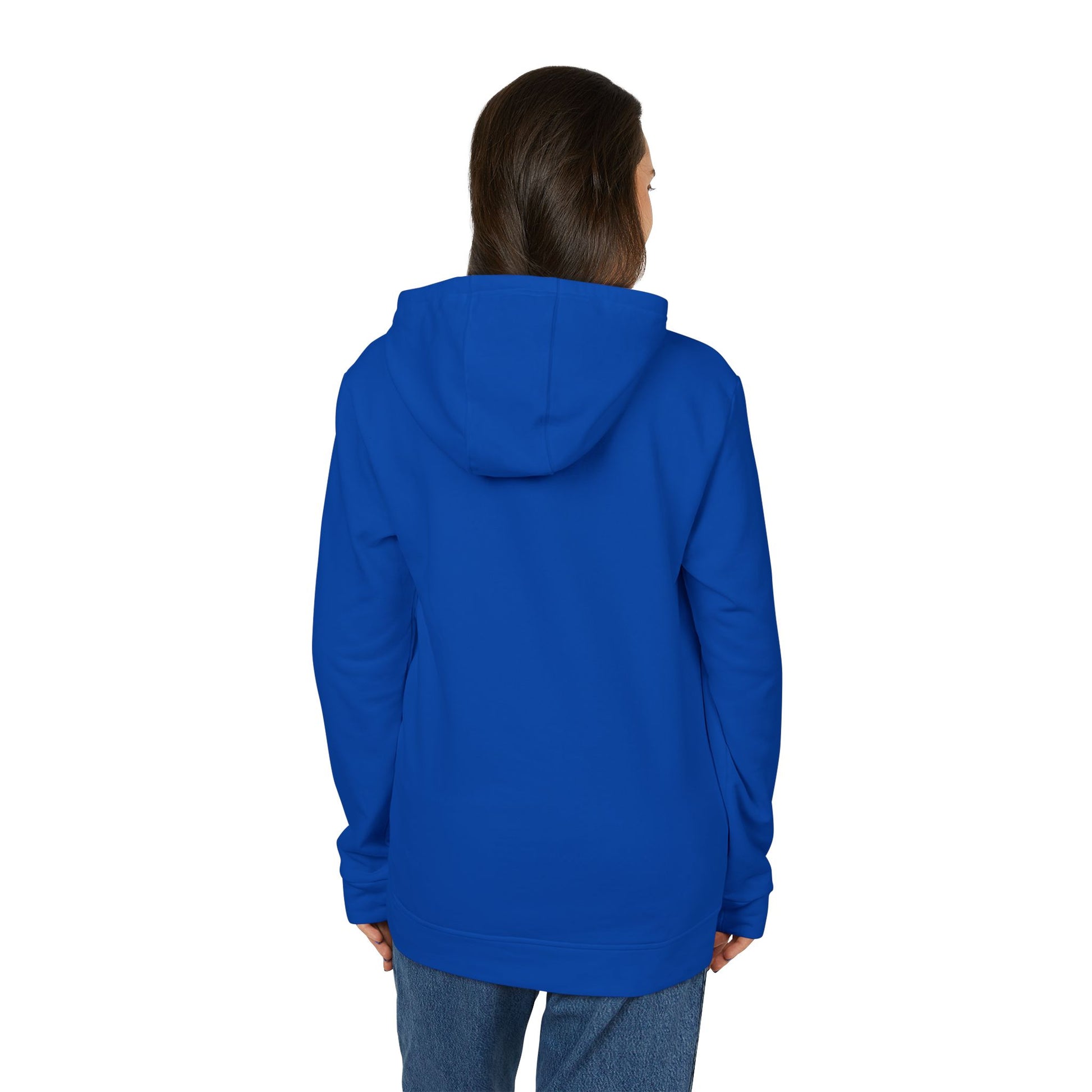 Back view of navy Adidas fleece hoodie on woman, hood up ready for chill chart-scrolls