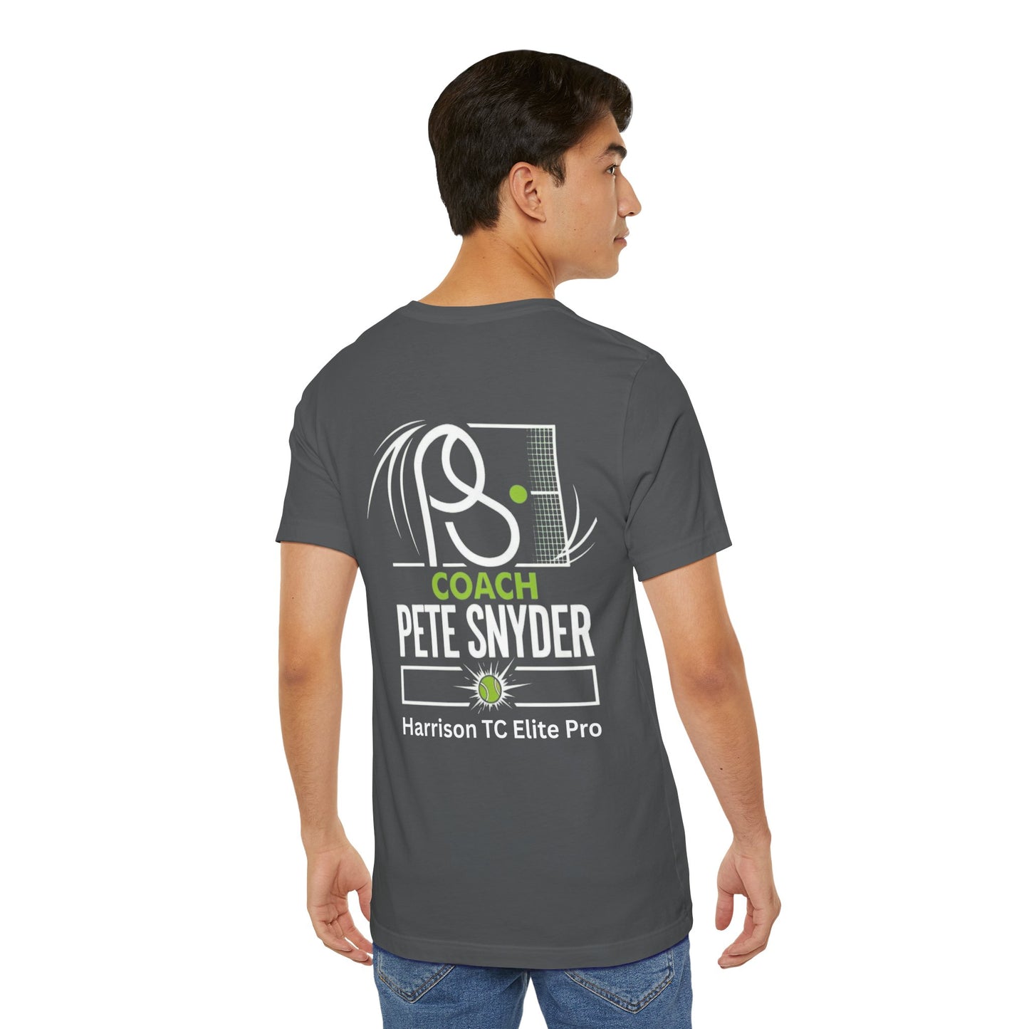 Man modeling back view of charcoal gray Coach Pete Snyder tee, featuring tennis racket graphic, "COACH PETE SNYDER" and "Harrison TC Elite Pro"