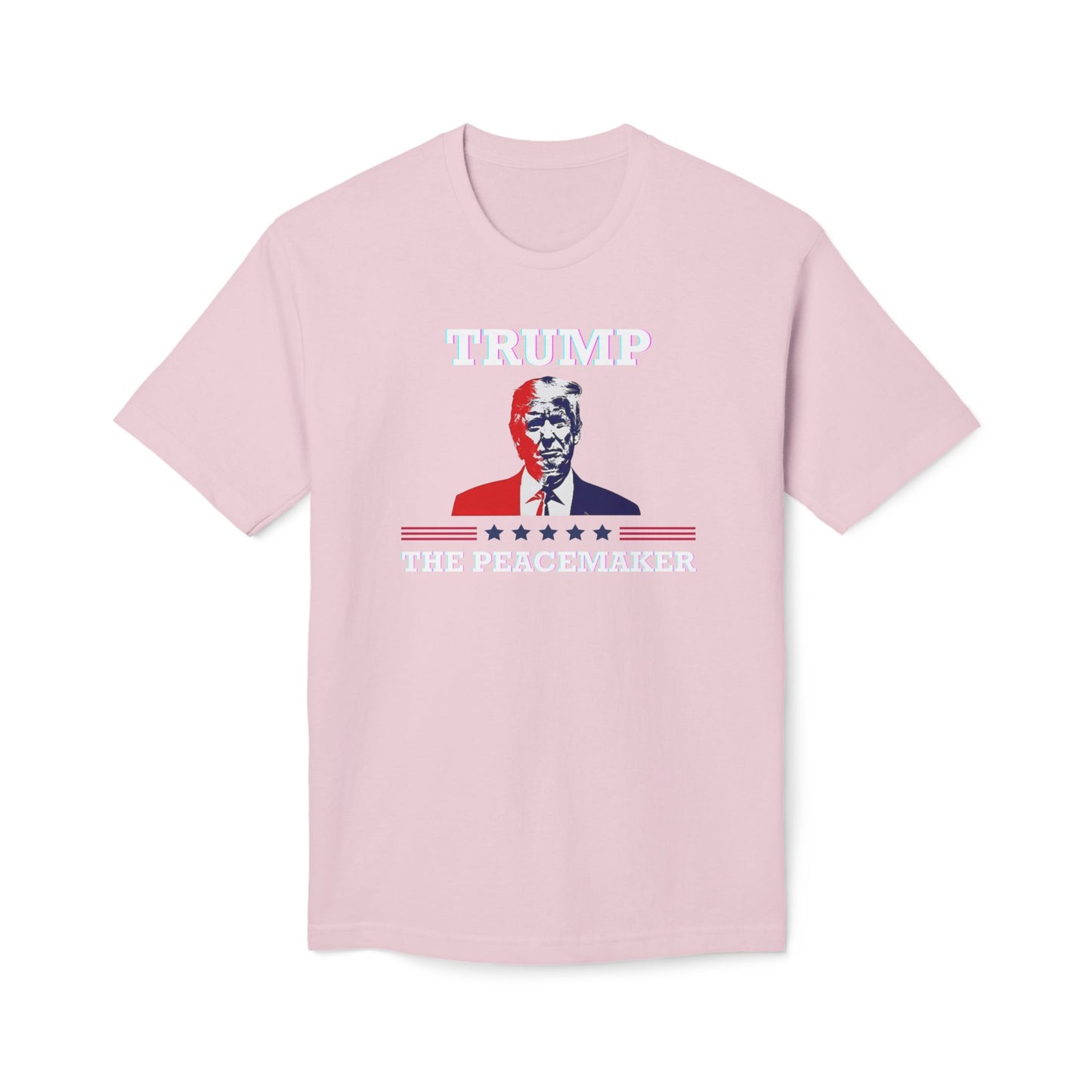 Front view of light pink "Trump The Peacemaker" t-shirt with white lettering, portrait, patriotic stripes