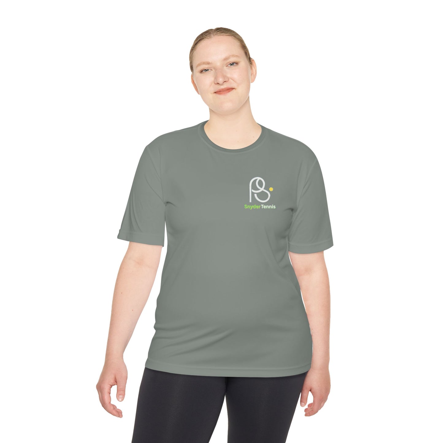 Female model in concrete gray tee, front view showing white "P S" logo and green "Brighton Tennis"
