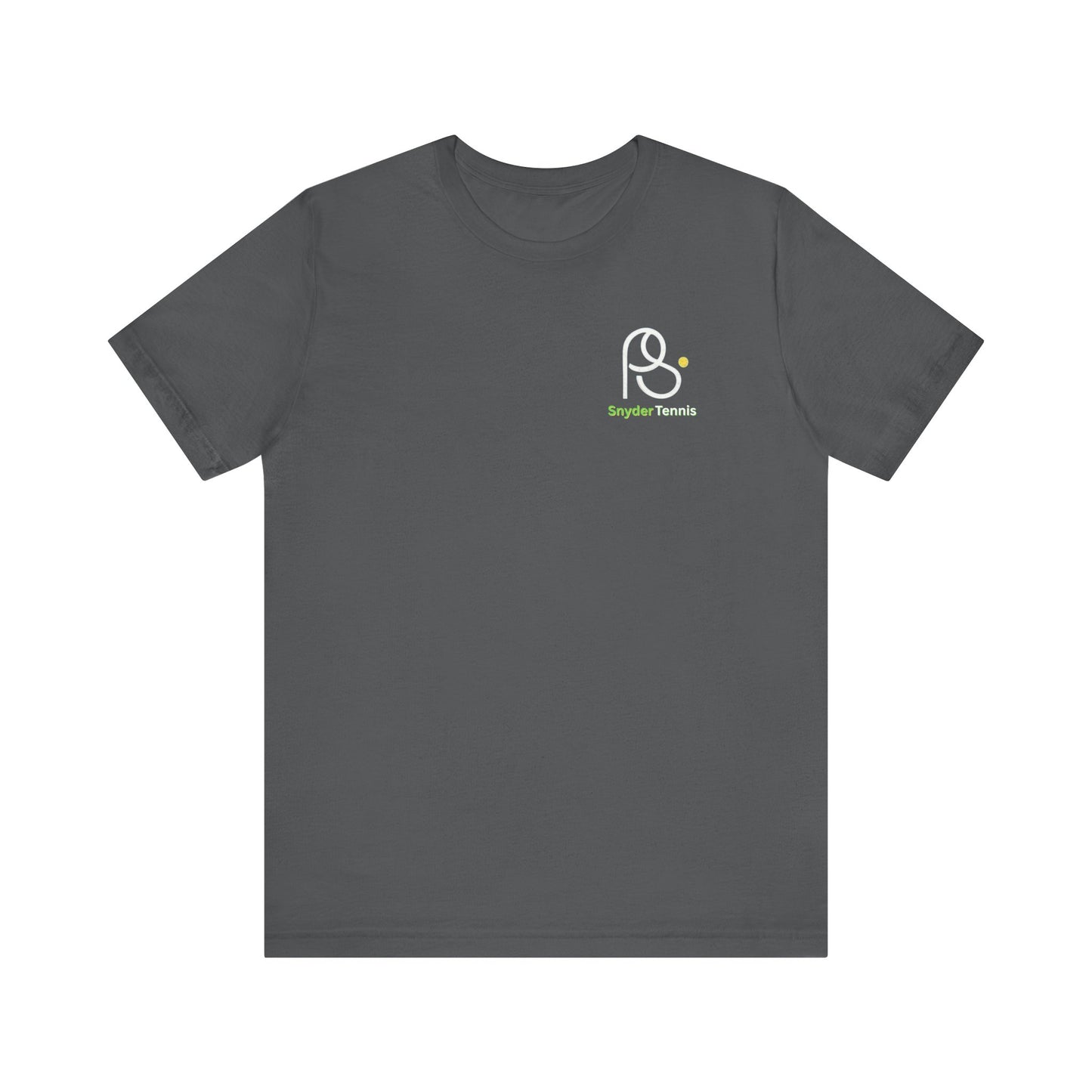 Front view of charcoal heather Coach Pete Snyder tennis t-shirt with white PS logo and green "PS Tennis" on left chest