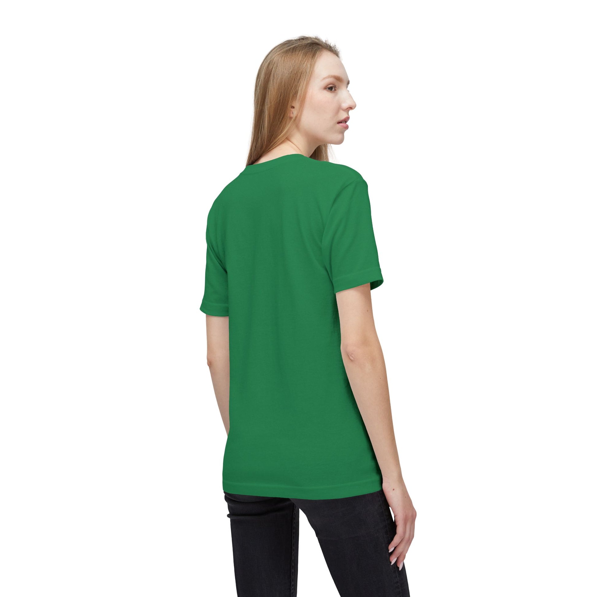 Side-back view of blonde model wearing plain medium green unisex T-shirt