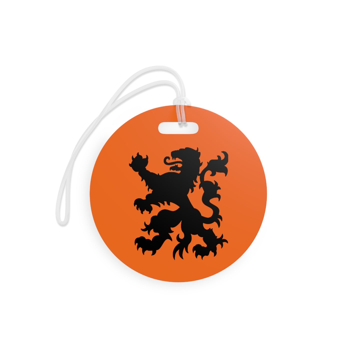 Front view of round orange Dutch Lion luggage tag featuring black heraldic lion and white attachment strap