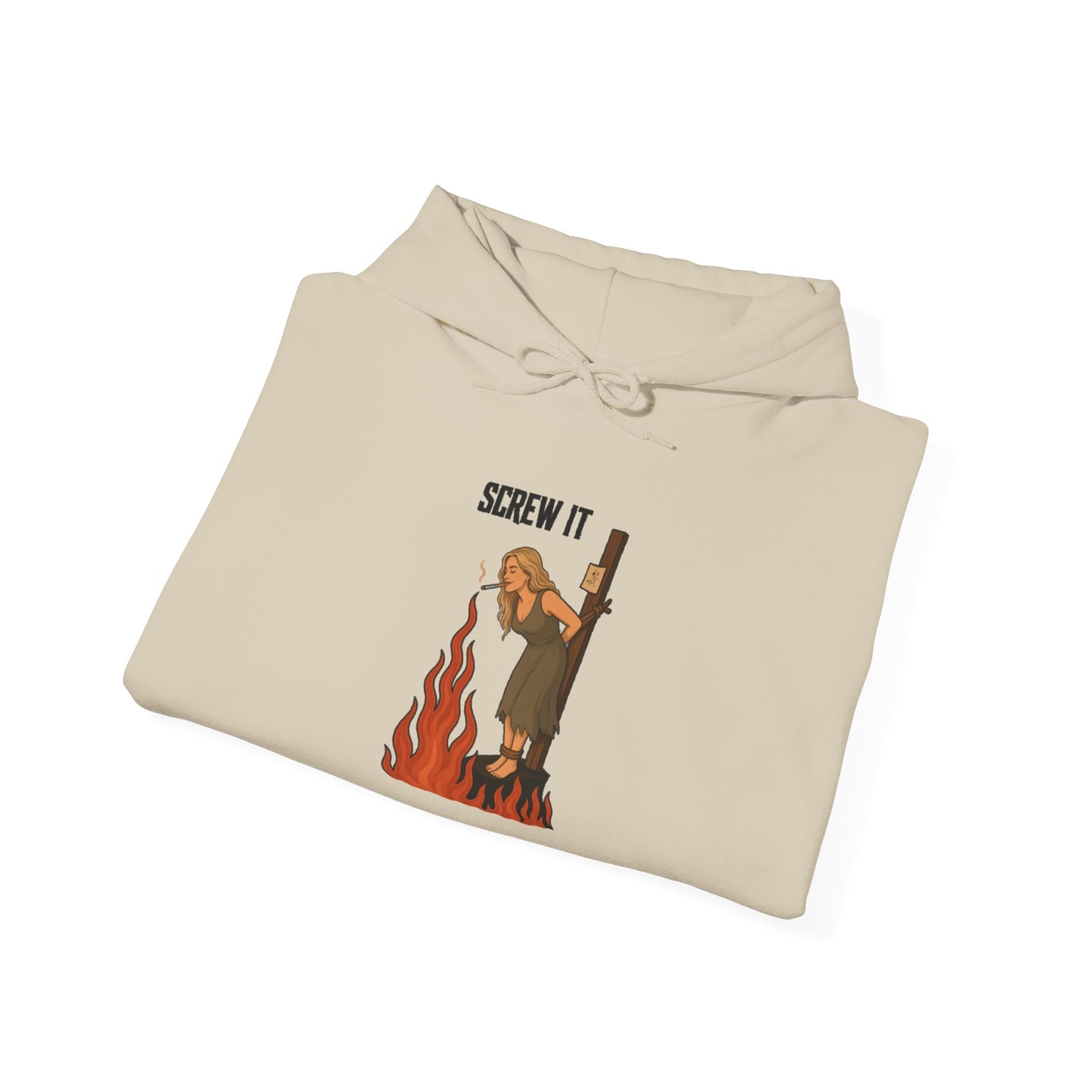 Screw It Hoodie – Funny Retro Character Flaming Witch Graphic Sweatshirt