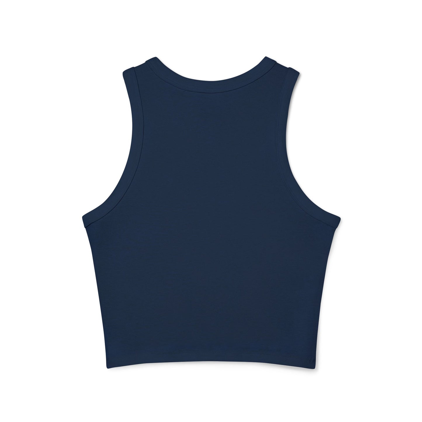 Back view of plain navy racerback crop tank, sleek high neck and straps