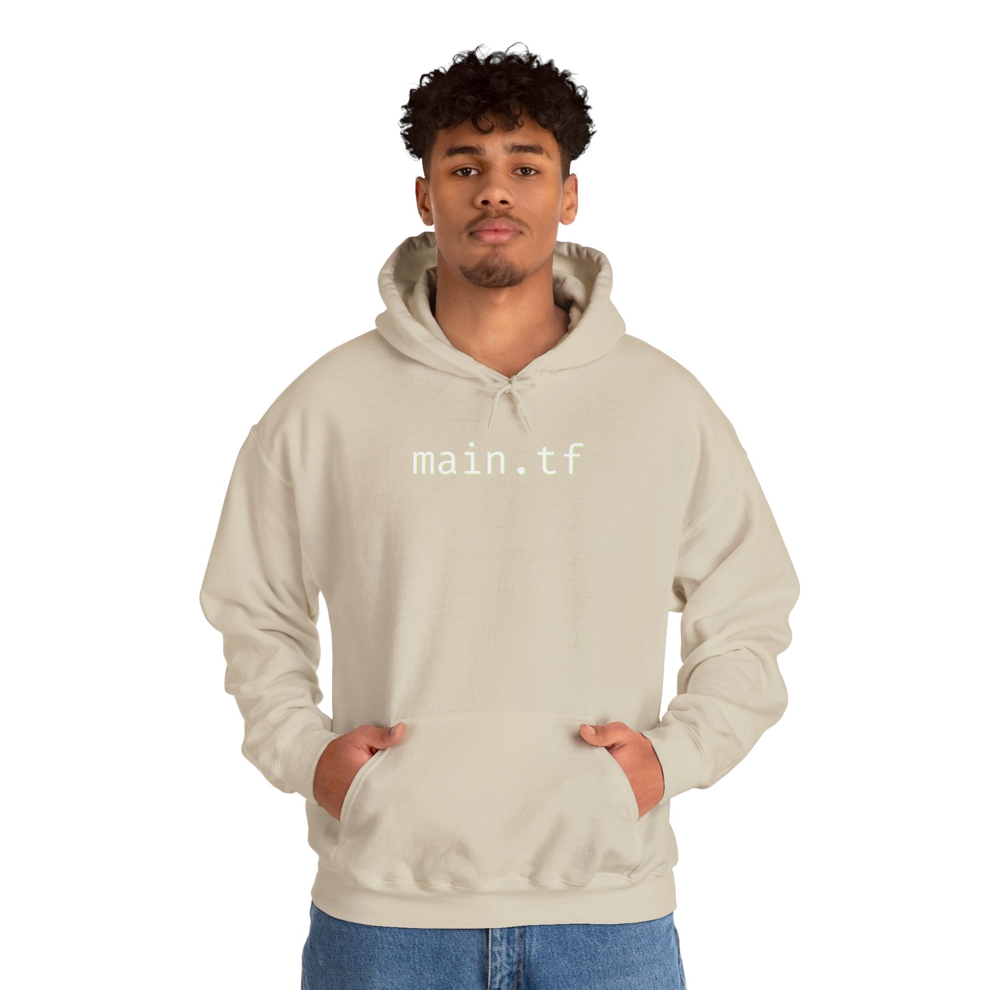 Asian woman model front in light beige "main.tf" hoodie, hands pocketed