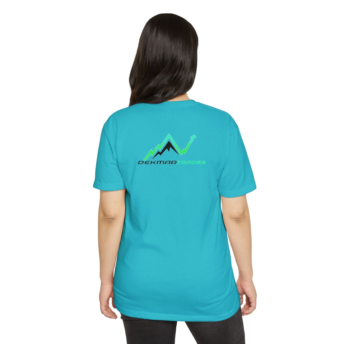Female model rear in turquoise tee showing mountain chart up arrow and Dekmar Trades print