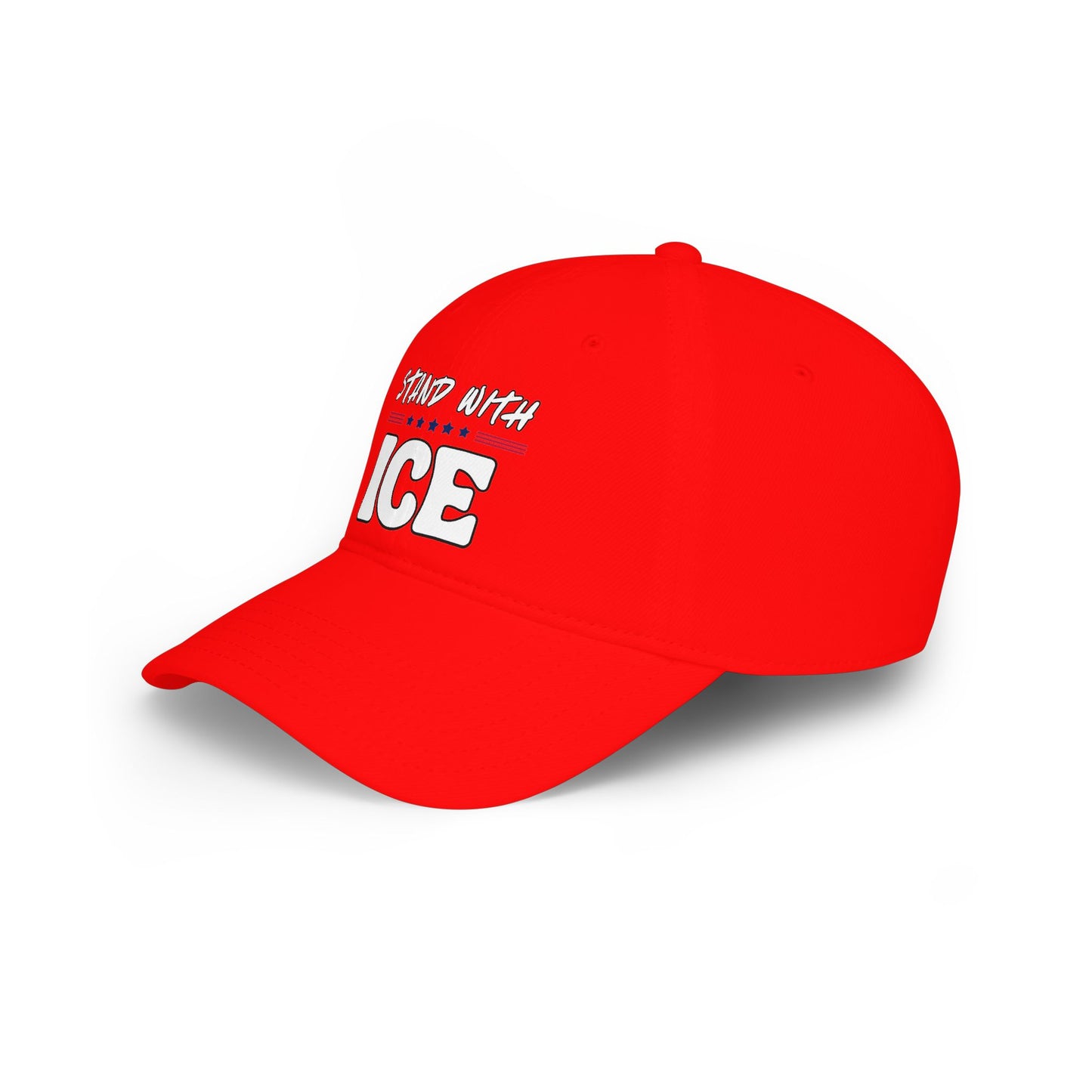 Right side view of red dad hat with partial "Stand With ICE" white print visible
