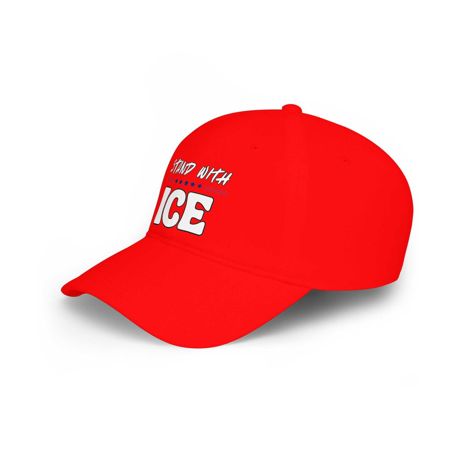 Right side view of red dad hat with partial "Stand With ICE" white print visible