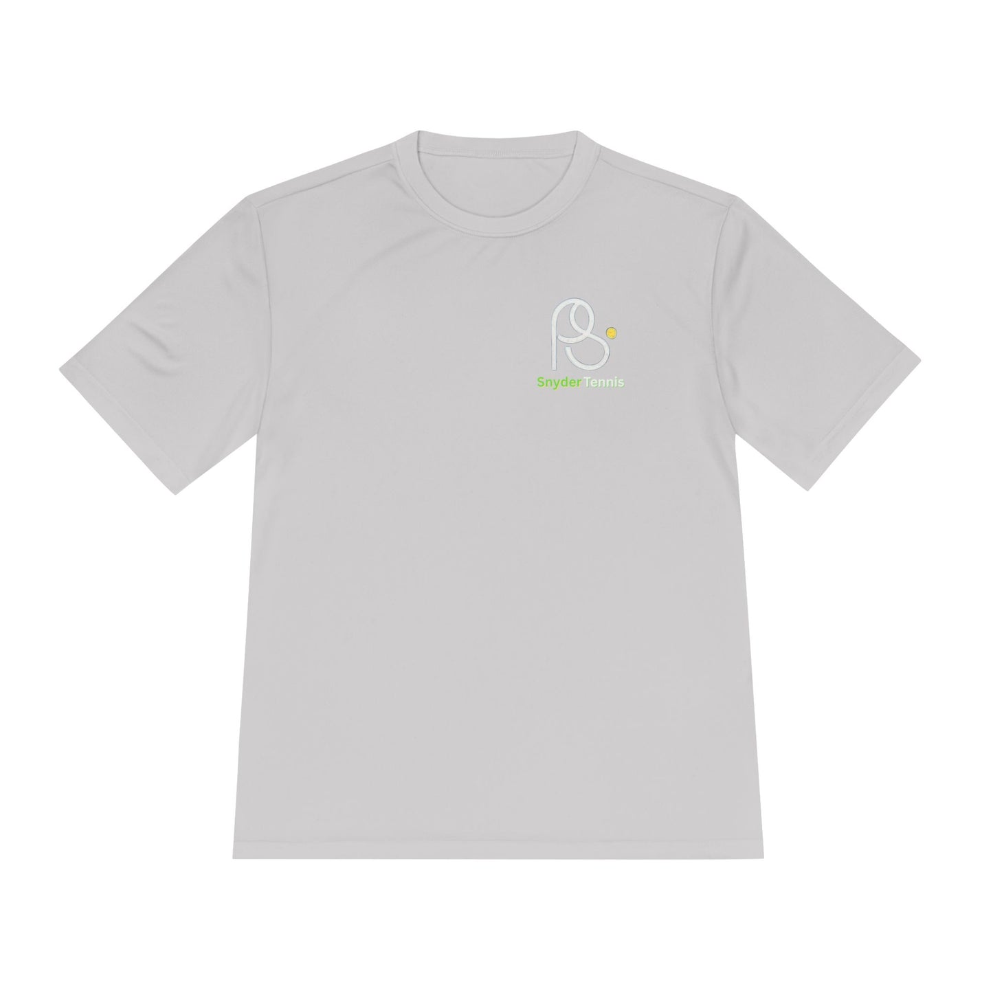 Flat front of light grey Coach Pete Snyder moisture-wicking tee with crisp white PS Bryant Tennis logo