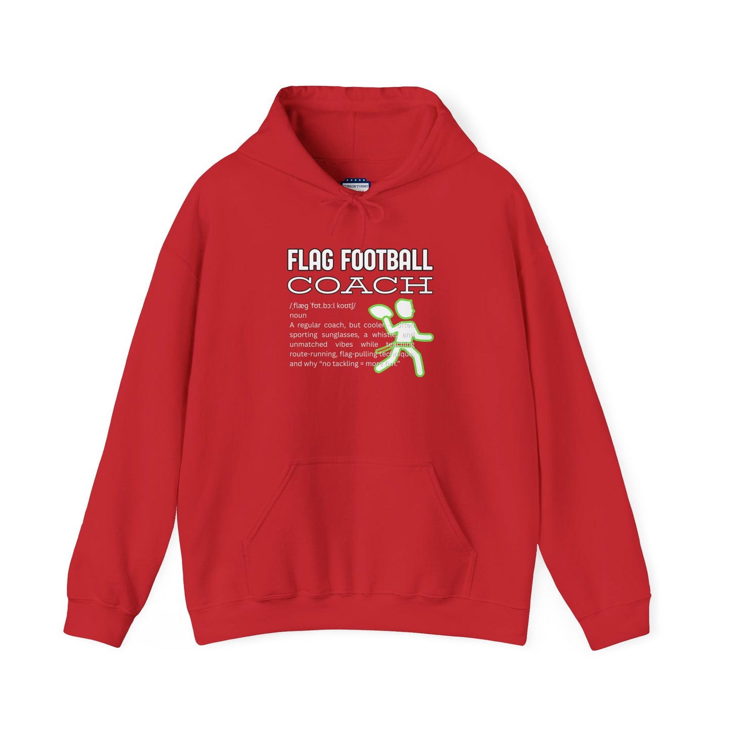 Front view of red Flag Football Coach hoodie with white outline text, neon green runner graphic