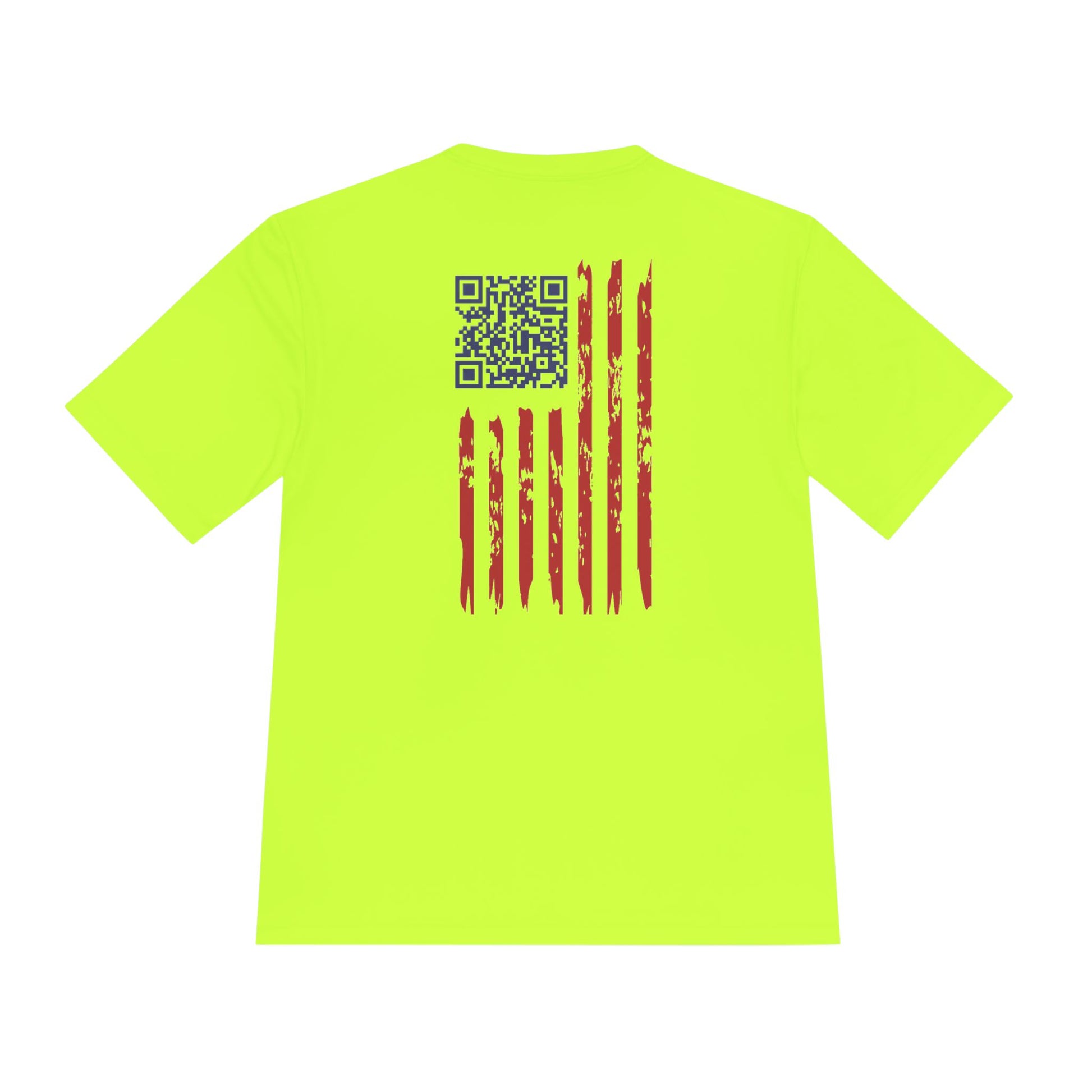 Neon green tee back view, blue QR code and red distressed flag for meme patriots