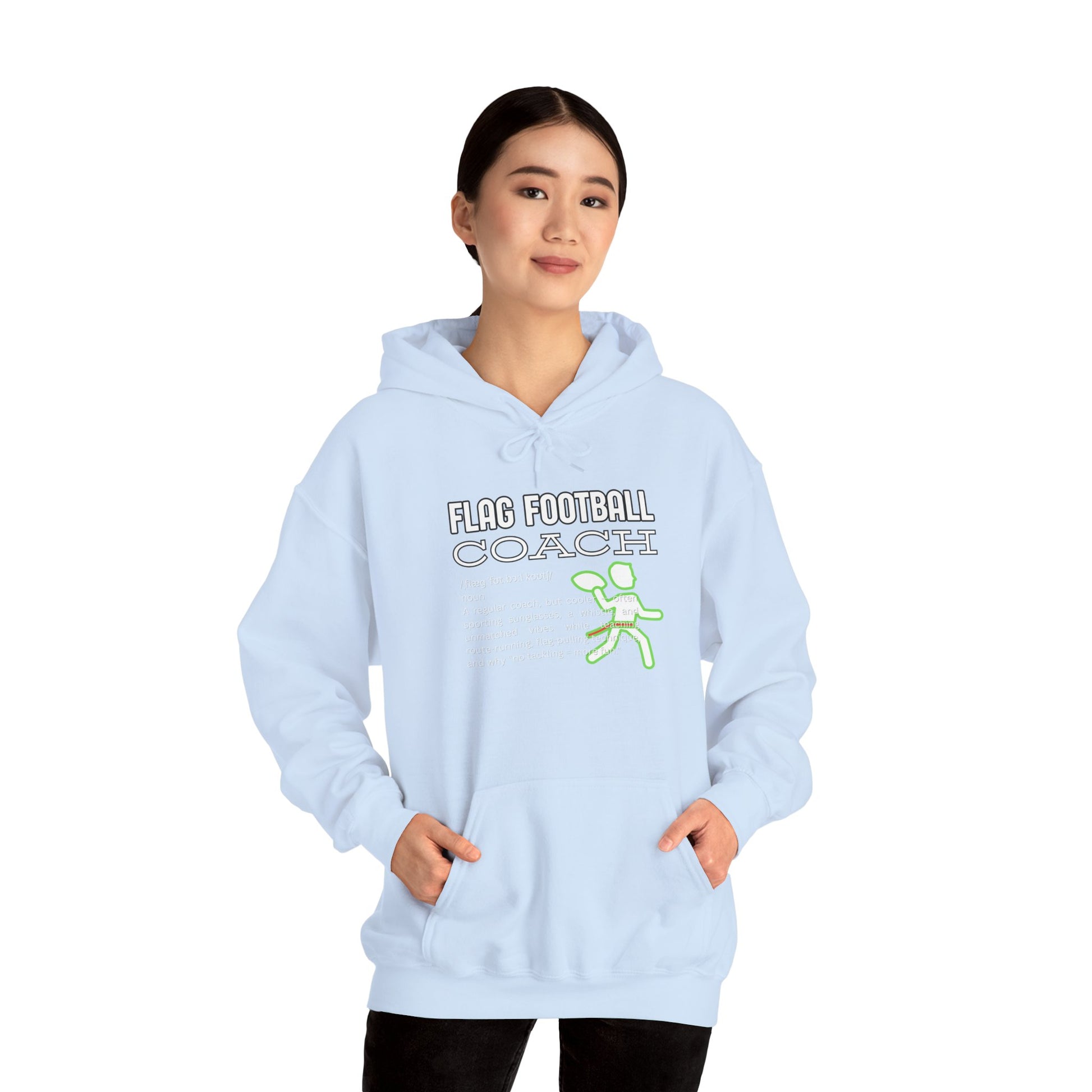 Female model in light blue Flag Football Coach hoodie front view, white text and neon green coach graphic
