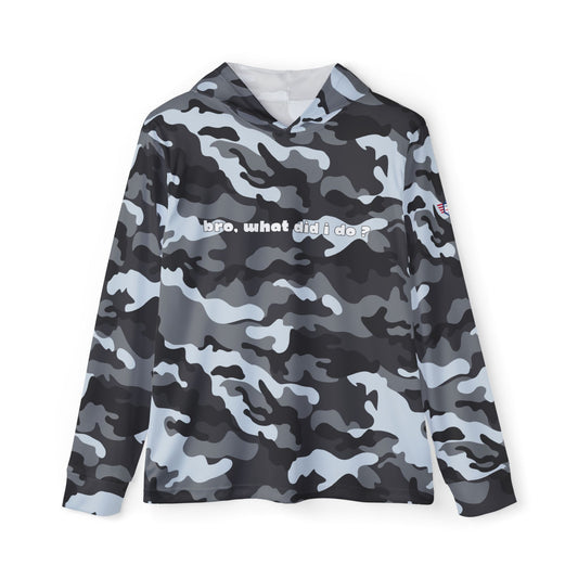 Front view of gray camo sports hoodie with "bro. what did i do?" white print across chest