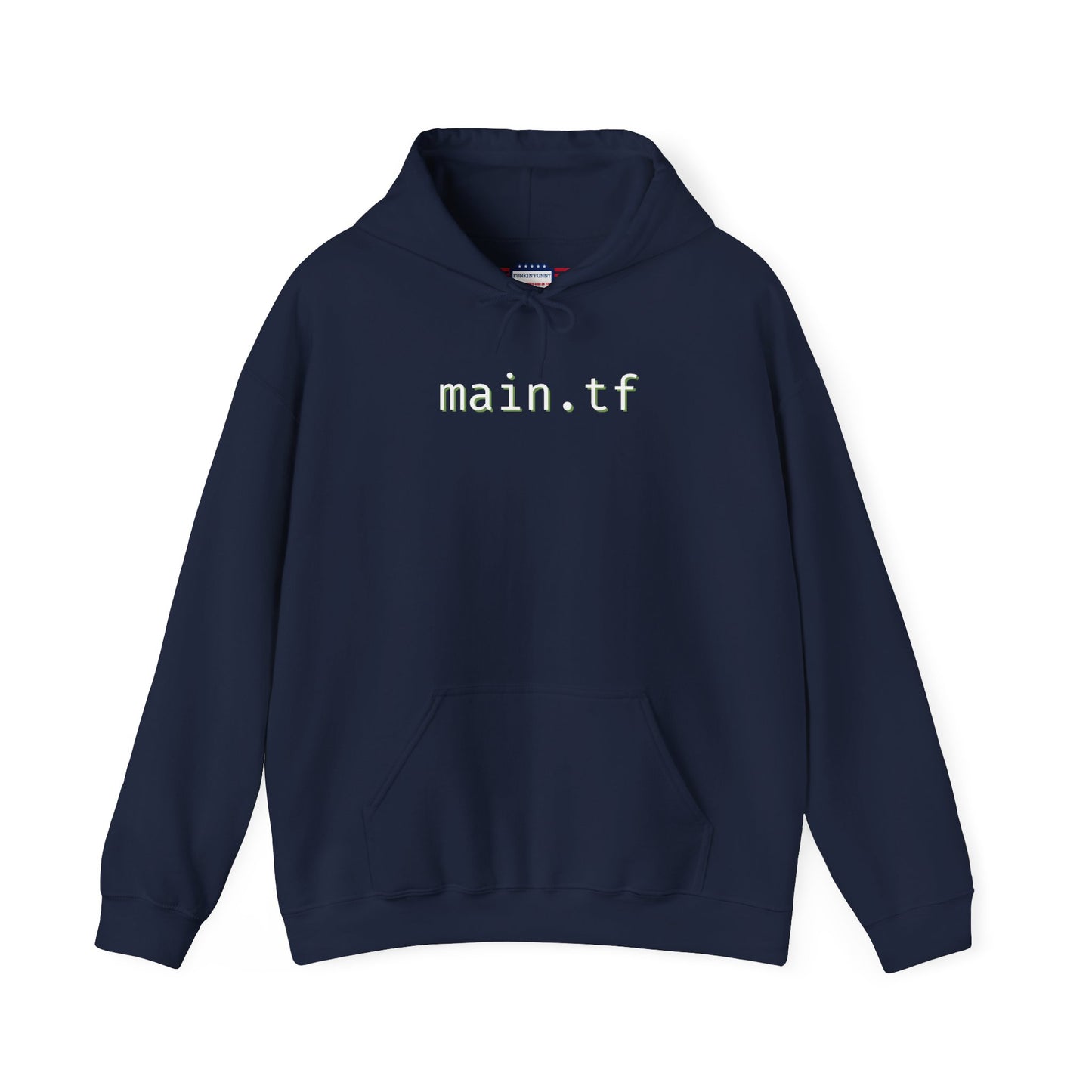Front view of navy main.tf hoodie with glowing white "main.tf" centered perfectly