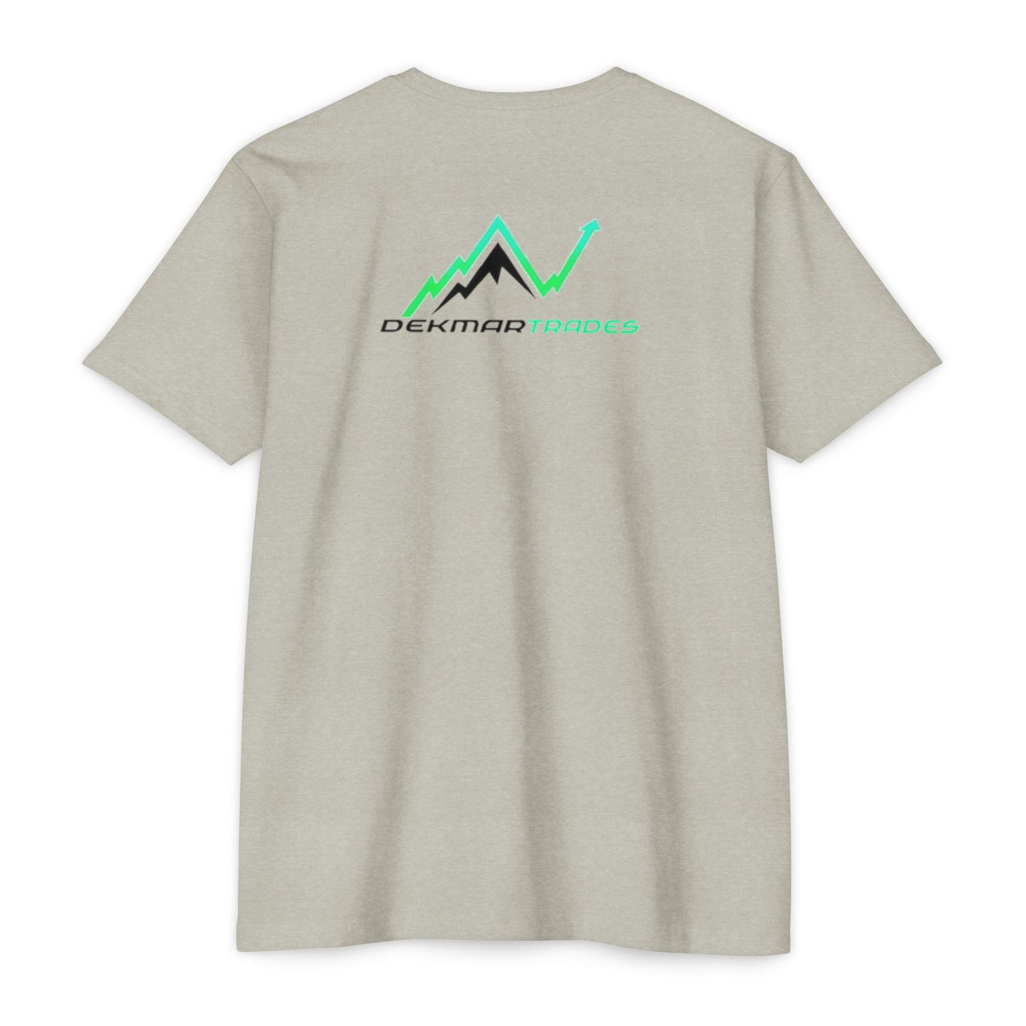 Back view of heather gray TradeCaster tee showing Dekmar Trades graphic with green peaks and check