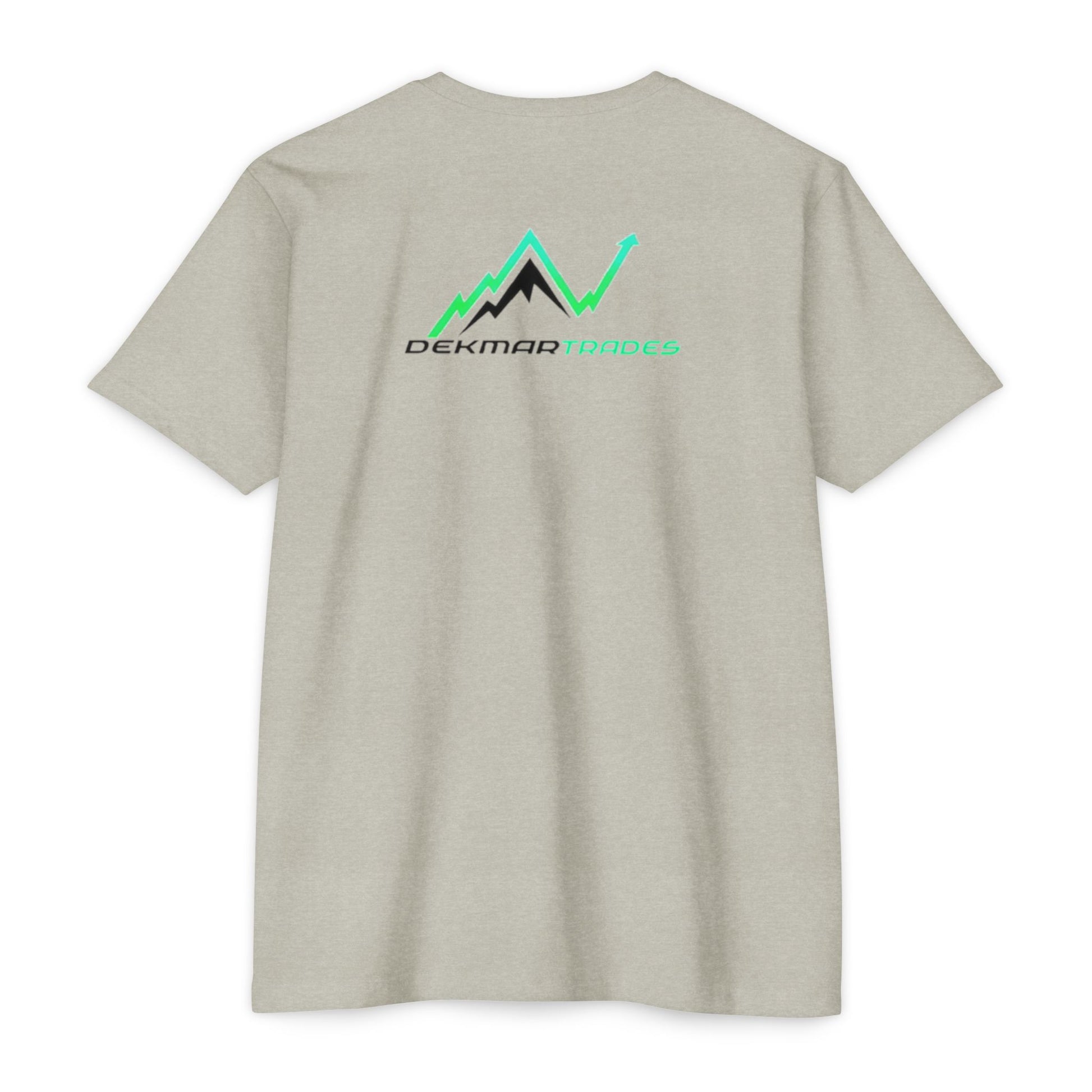 Back view of heather gray TradeCaster tee showing Dekmar Trades graphic with green peaks and check