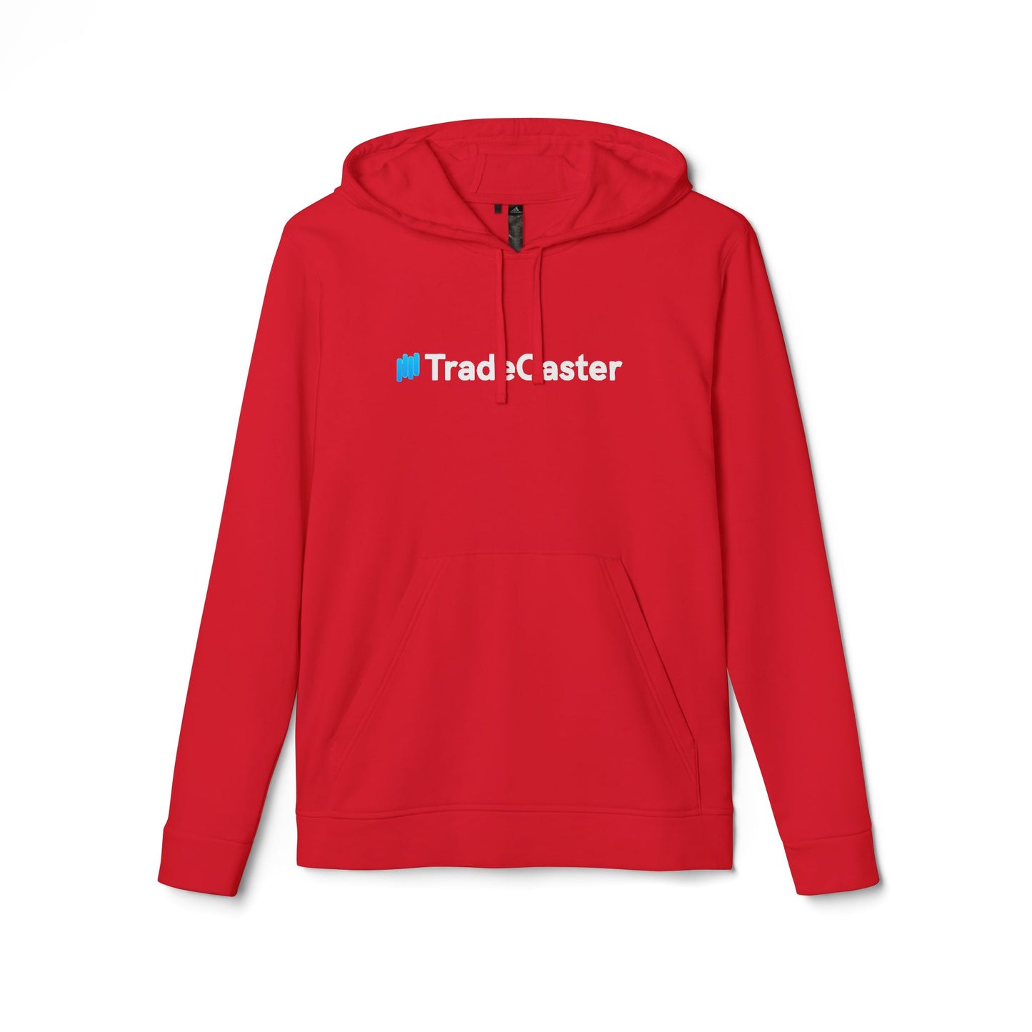 Front view of red Adidas TradeCaster fleece hoodie, fiery centered white logo with blue "Trade" — bold chart burner