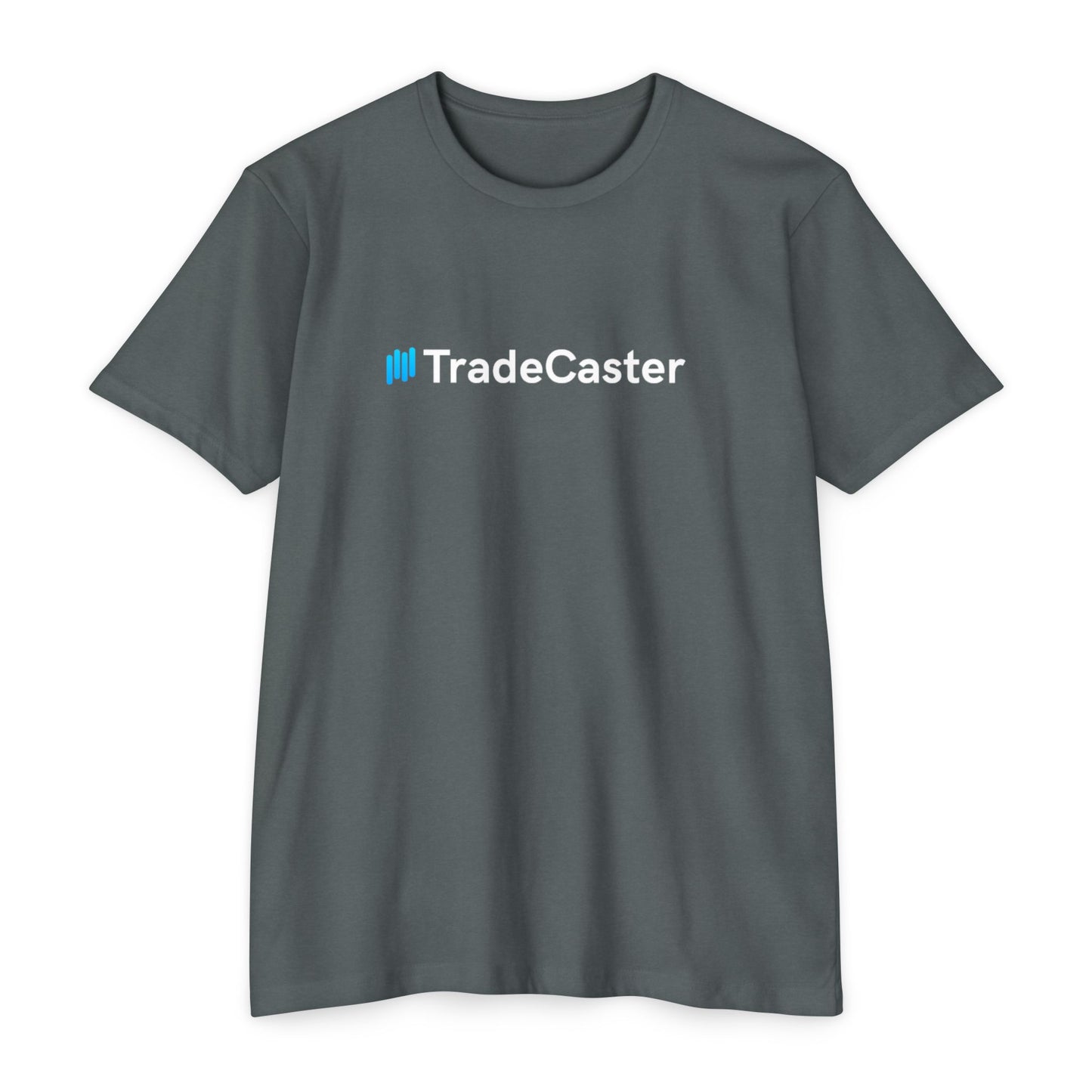 Front view of charcoal unisex TradeCaster CVC jersey t-shirt with blue || icon and white text print