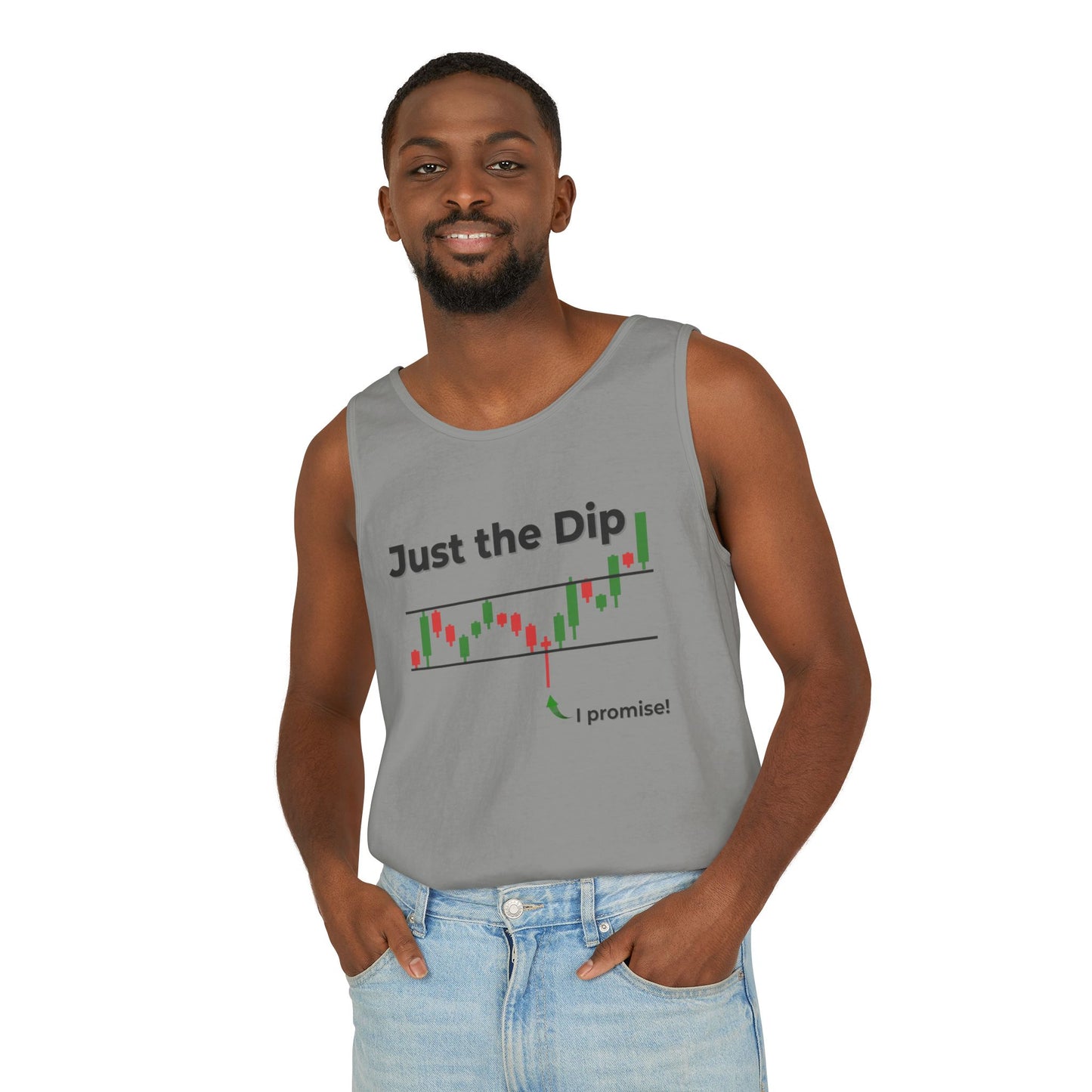 Man flexing a smile in gray "Just the Dip" trader humor tank top front view