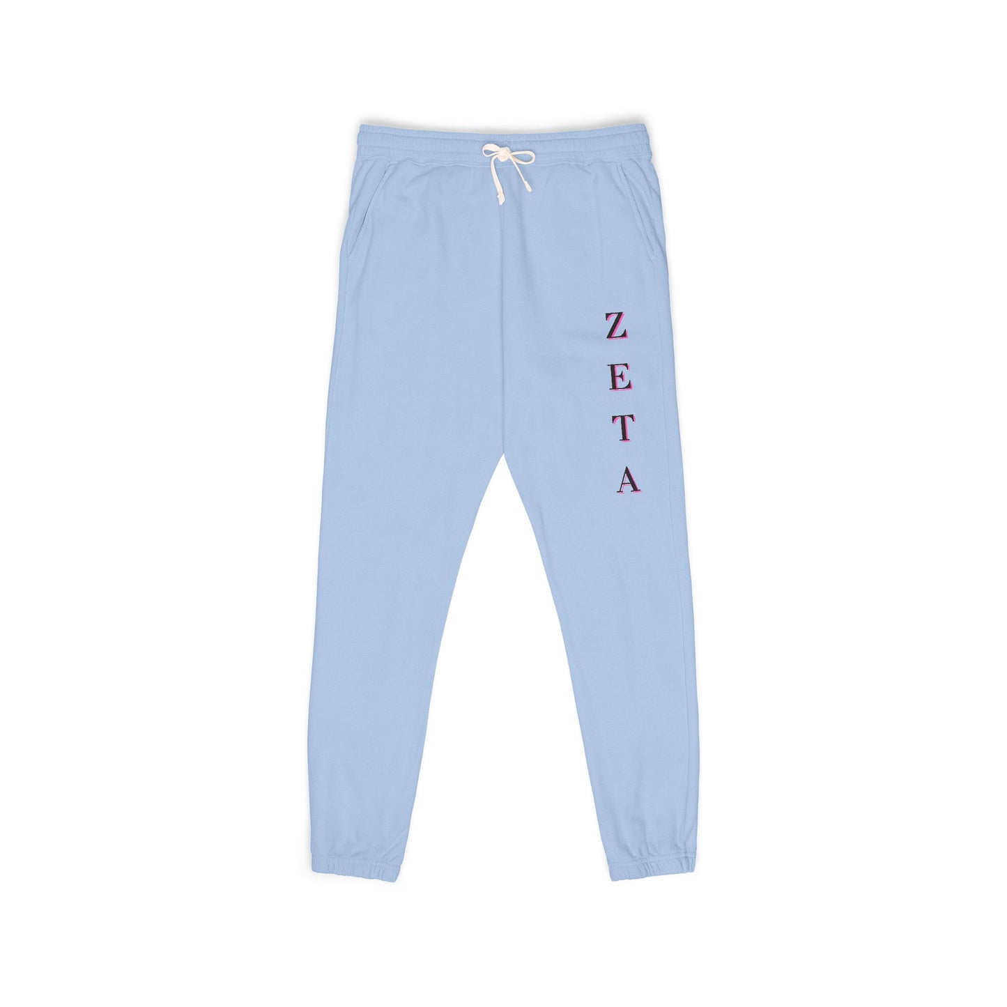 Front view of light blue Zeta Vertical Script sweatpants, maroon ZETA down the leg