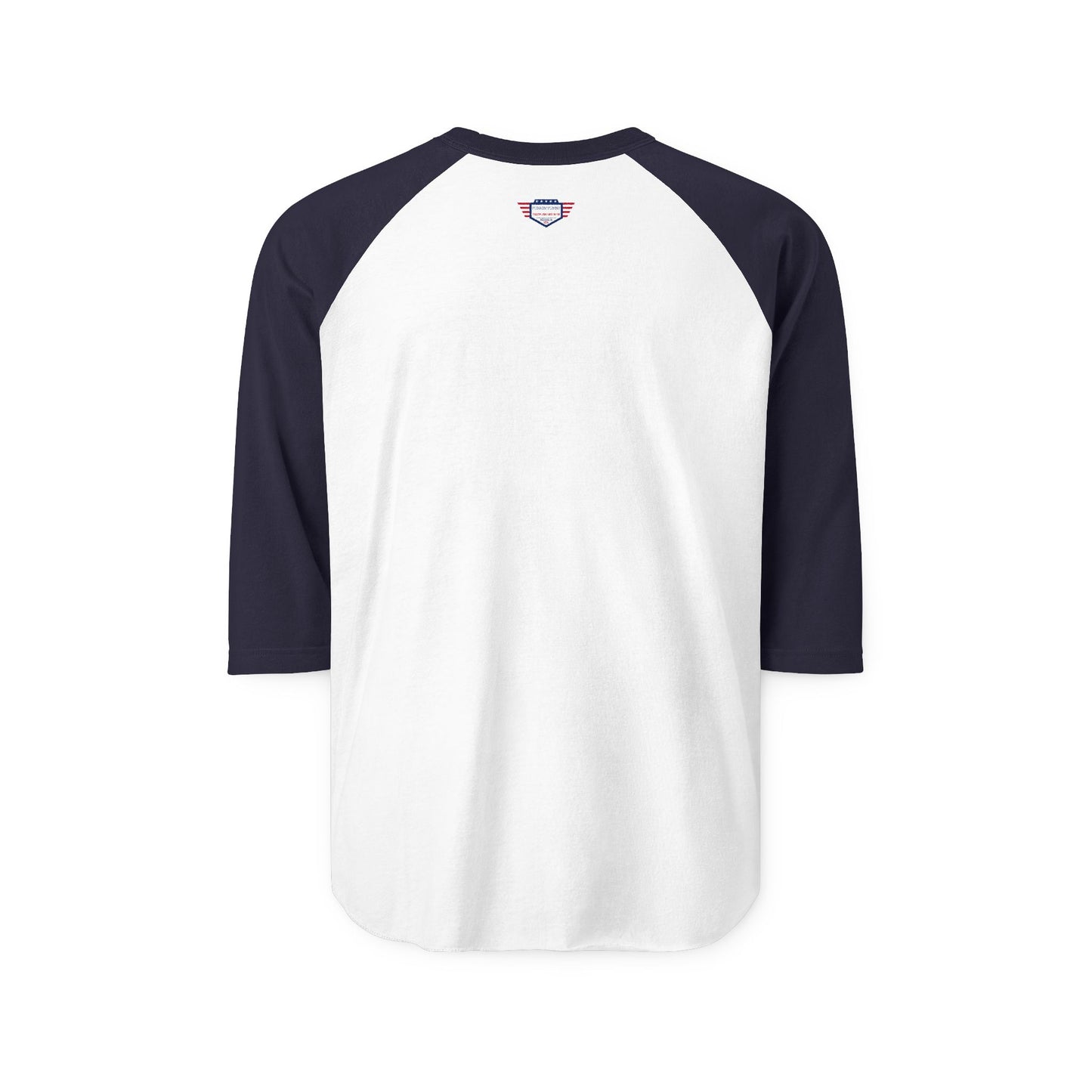 Back view of white raglan shirt with navy sleeves, understated cool factor