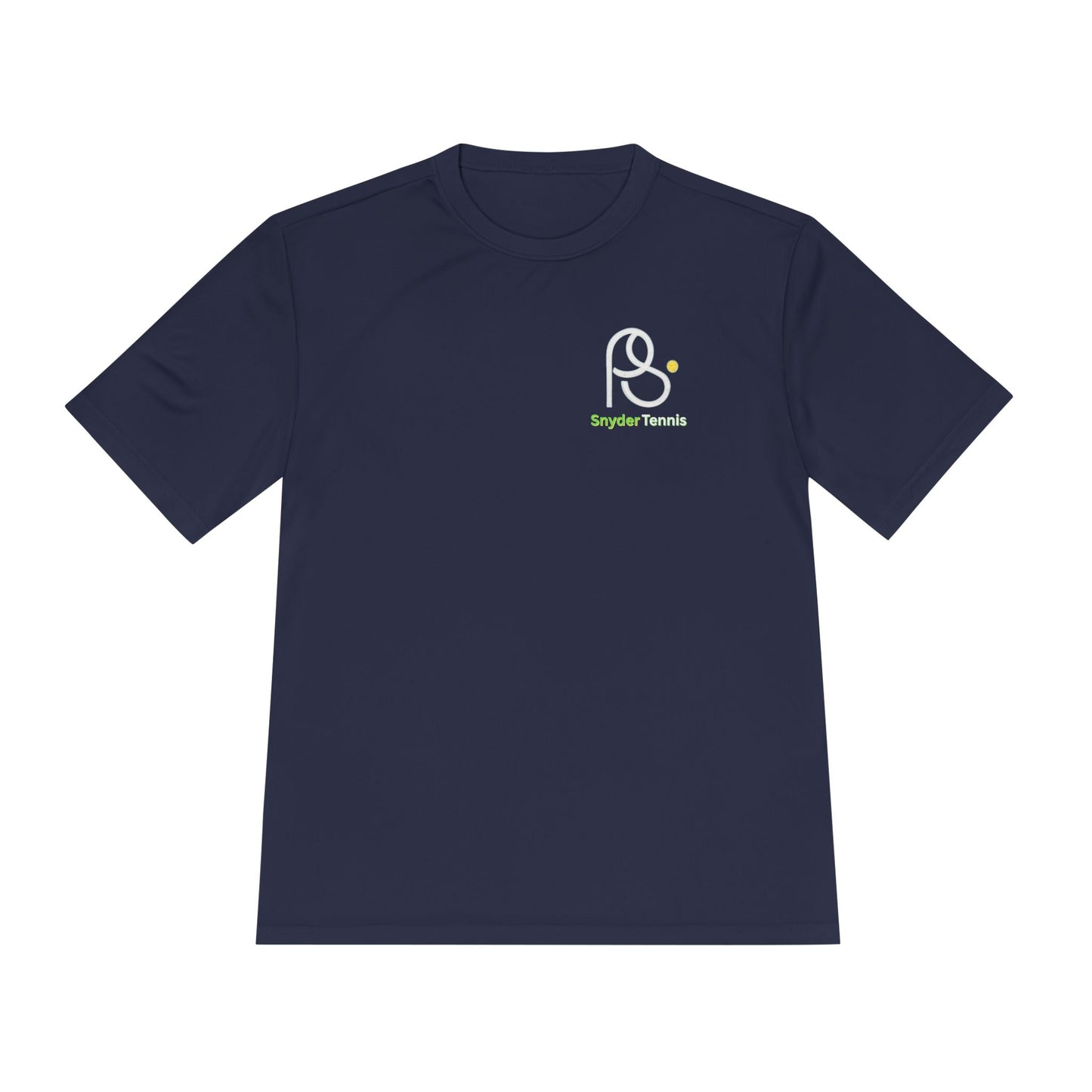 Flat front navy Coach Pete Snyder moisture-wicking tee, sharp white PS Bryant Tennis chest print