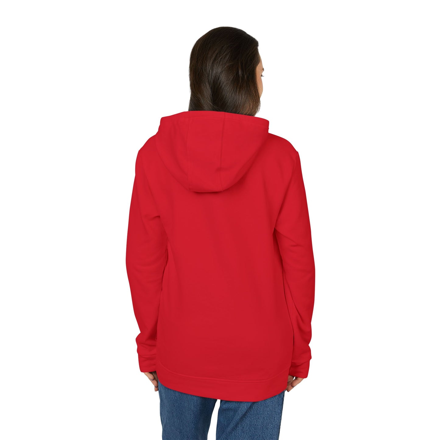 Rear view of woman in red fleece hoodie, clean lines hood down, jeans underneath