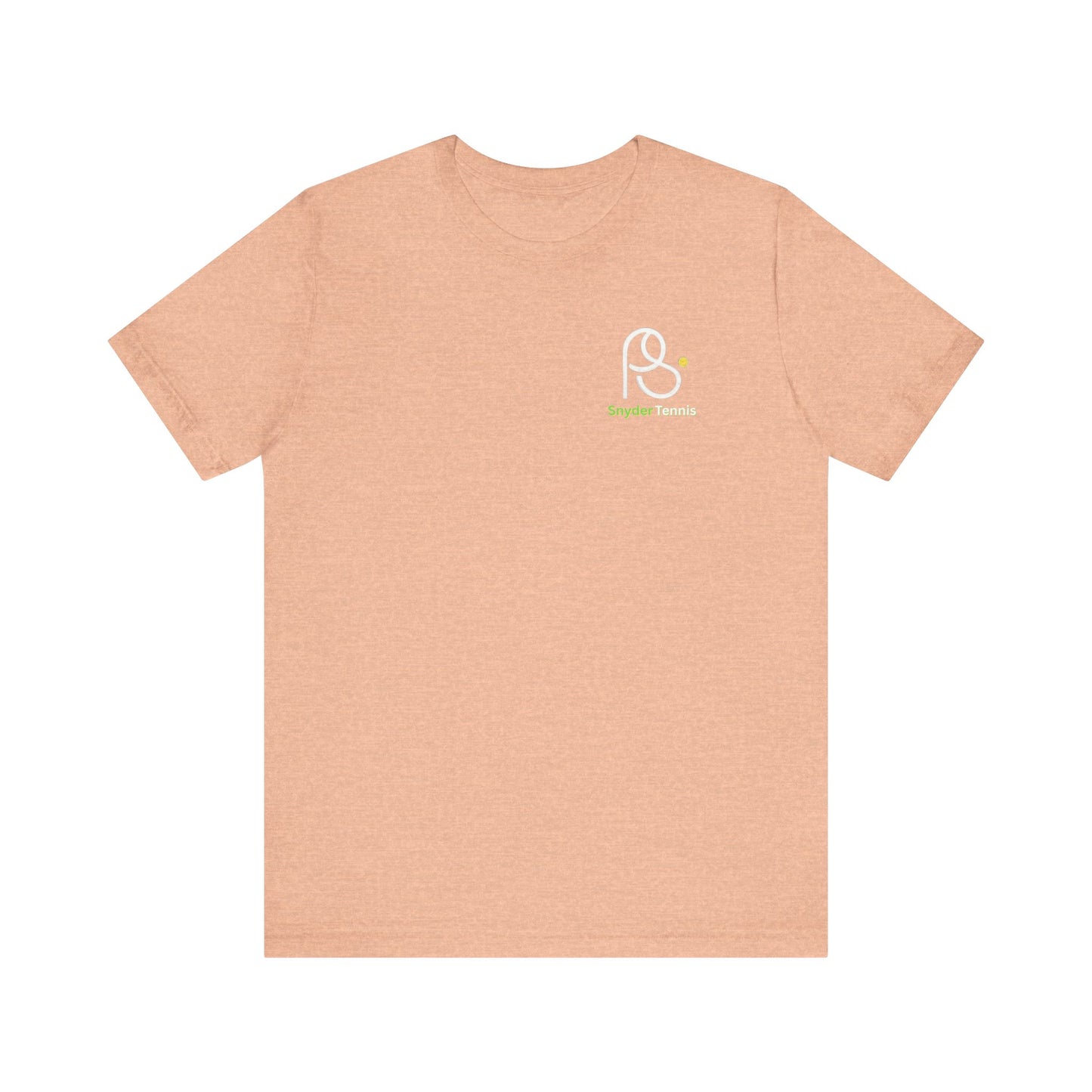 Peach orange tee front view showing white P.S. design and green P.S. Tennis below
