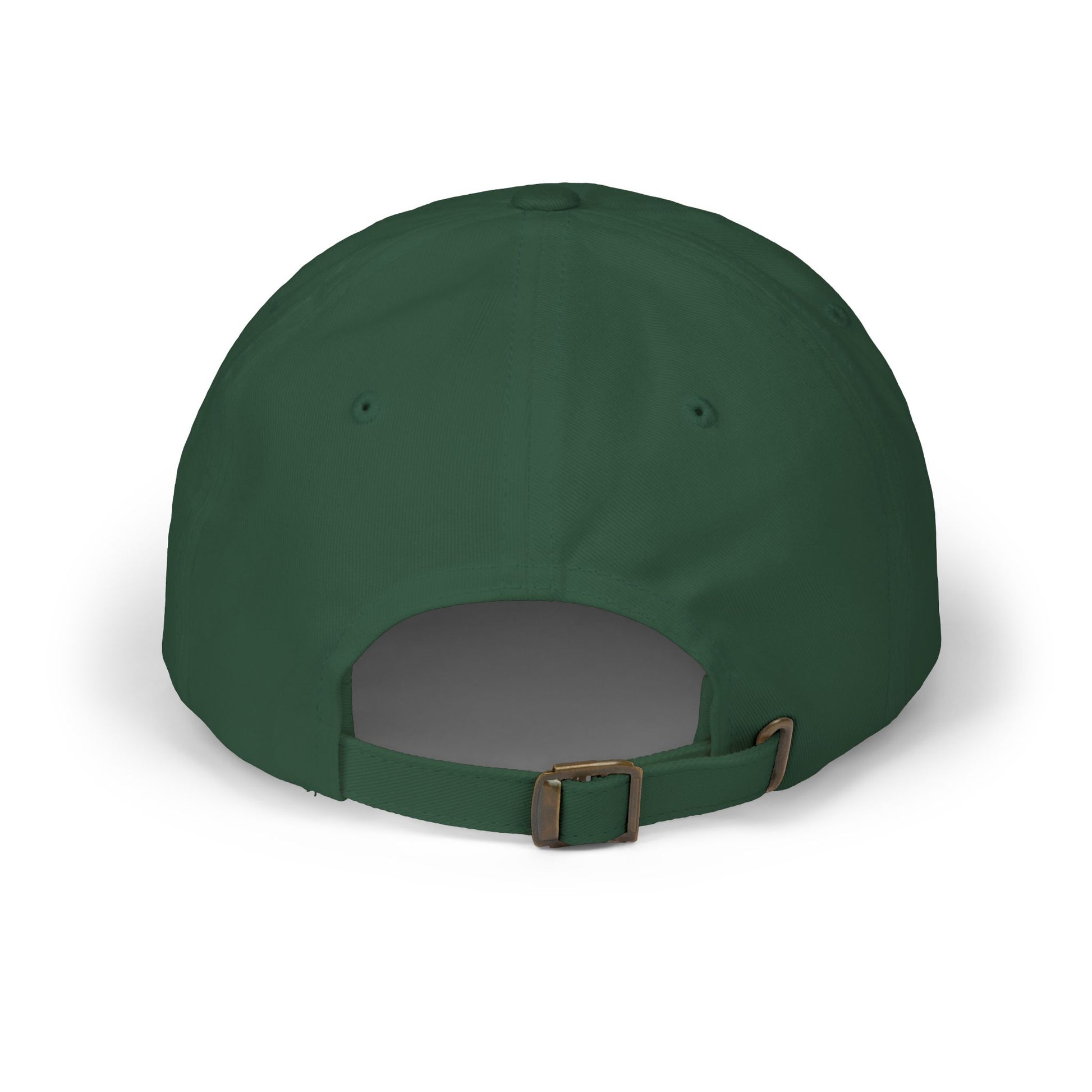 Back view of spruce green dad hat, adjustable antique brass buckle strap and unstructured crown