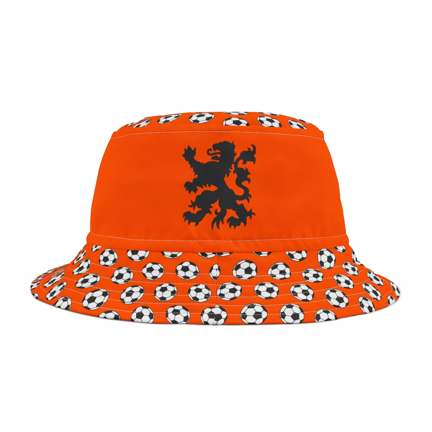 Front flat lay of orange bucket hat with snarling black Dutch lion on crown, black & white soccer balls dotting the brim