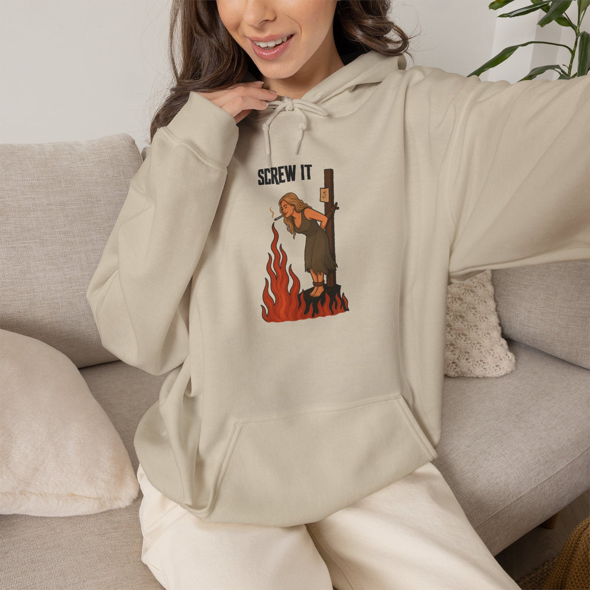 Screw It Hoodie – Funny Retro Character Flaming Witch Graphic Sweatshirt