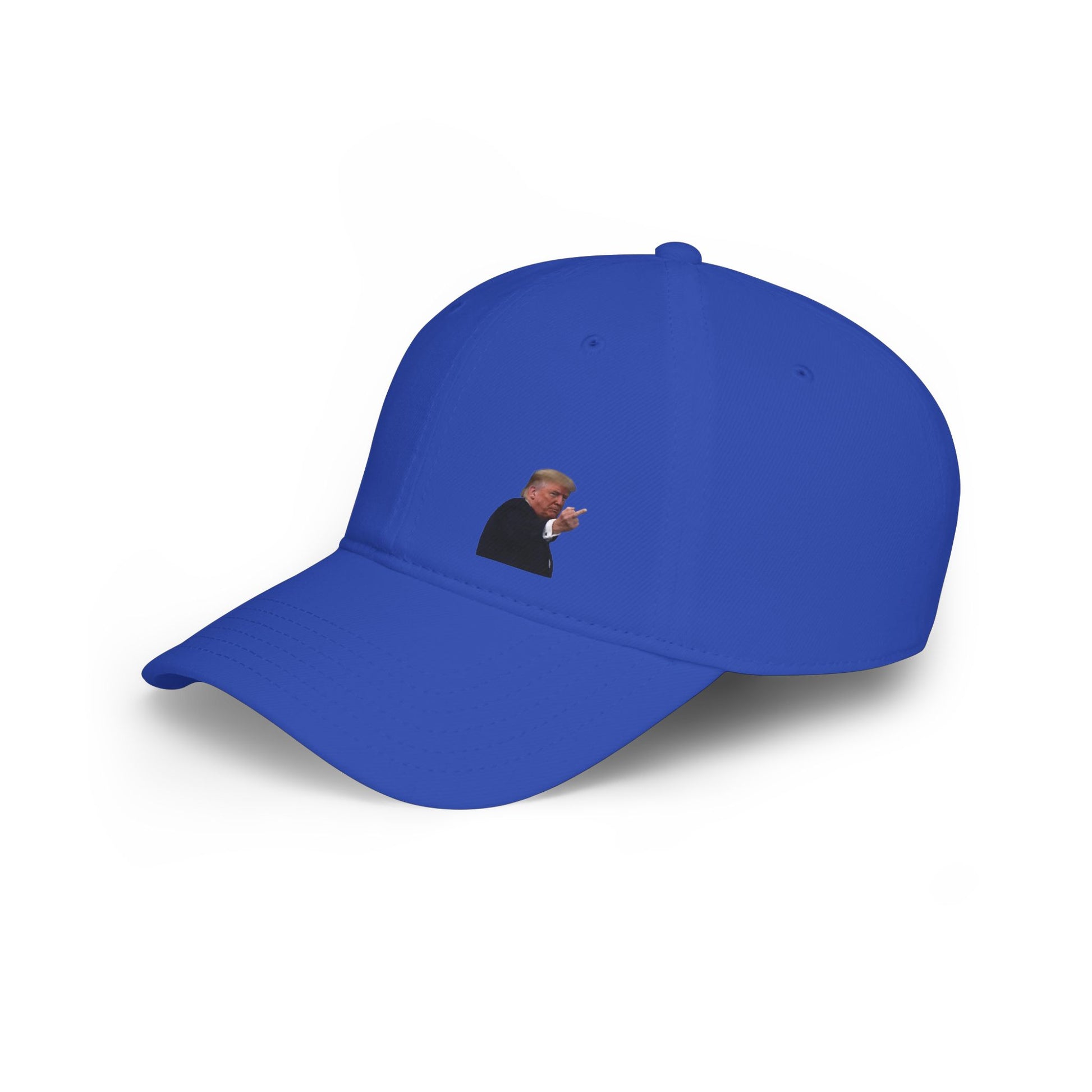 Royal blue baseball cap with front embroidered Trump in suit doing cheeky Ford meme gesture