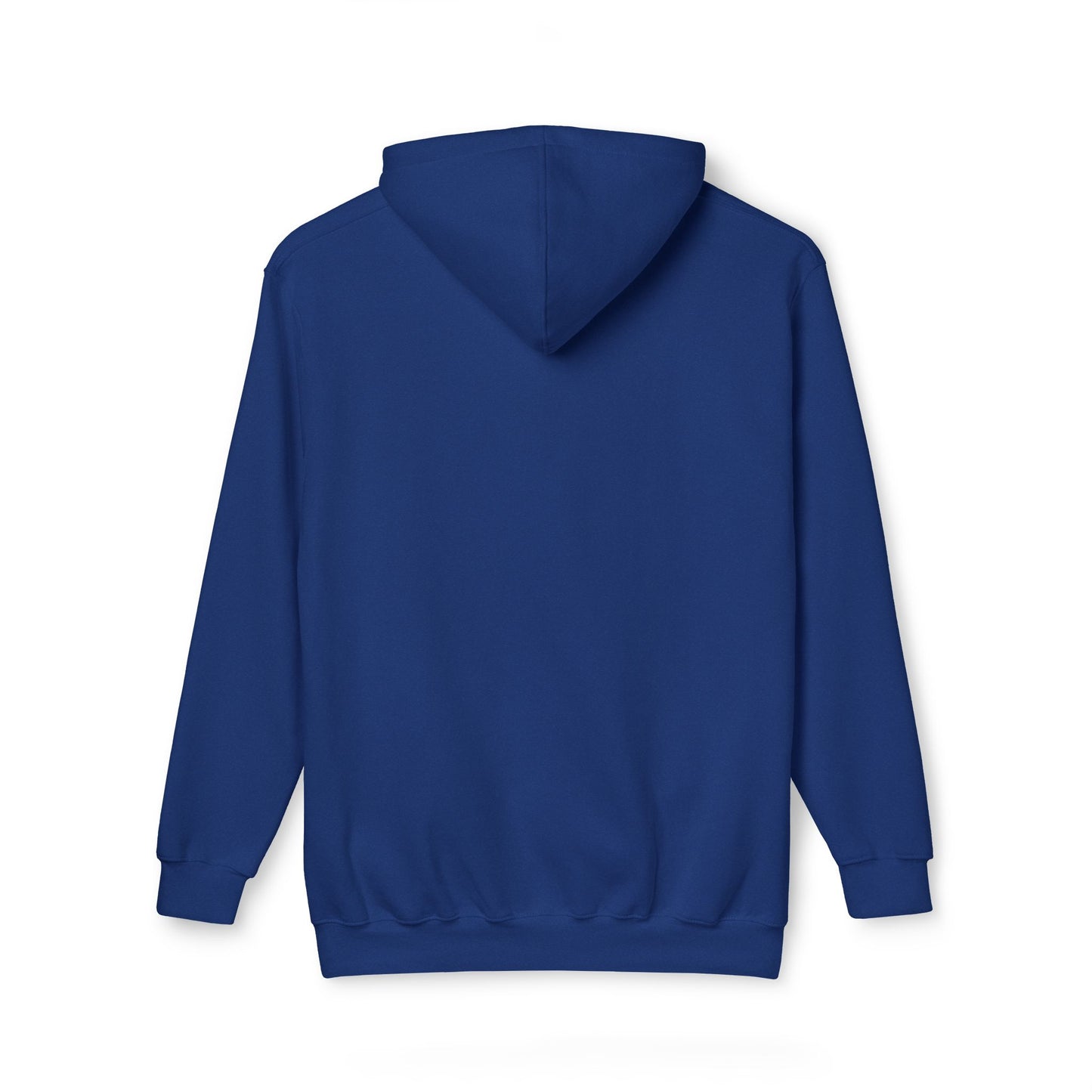 Back view of plain navy blue hoodie, double-lined hood down, classic pullover style