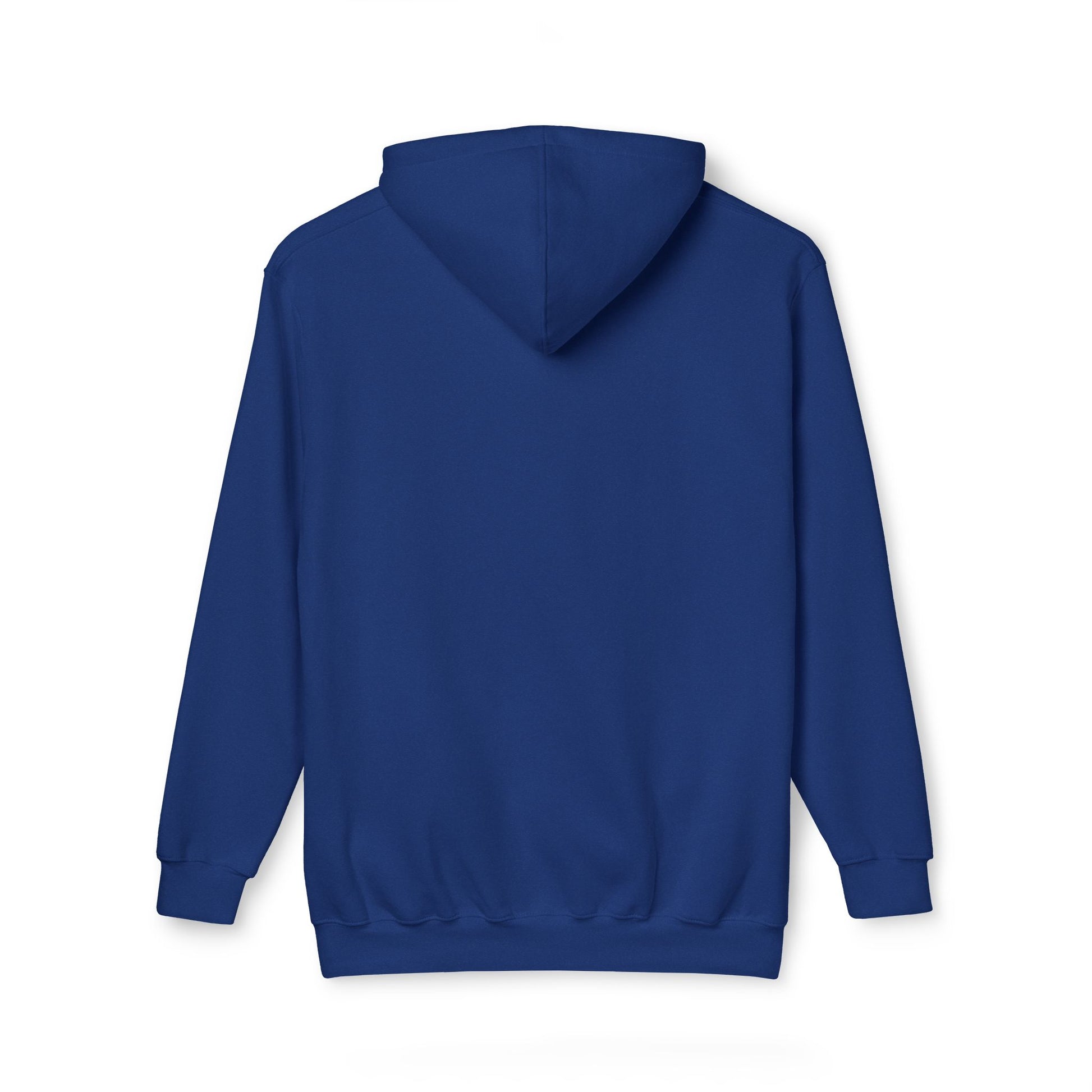 Back view of plain navy blue hoodie, double-lined hood down, classic pullover style