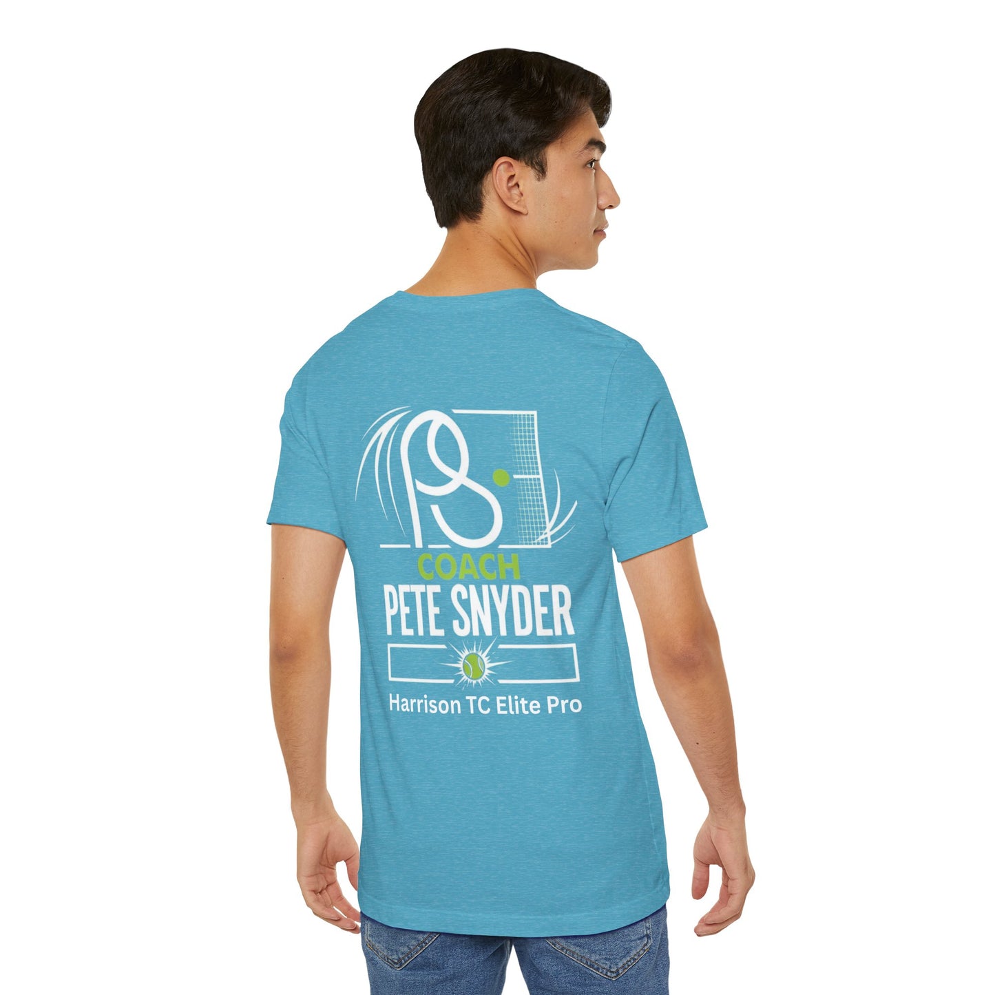 Side-back view of male model in turquoise Coach Pete Snyder tee, full "Harrison TC Elite Pro" graphic visible