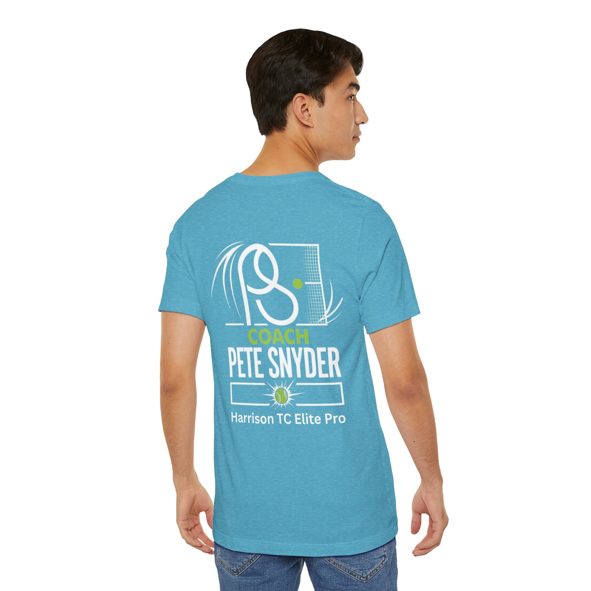 Side-back view of male model in turquoise Coach Pete Snyder tee, full "Harrison TC Elite Pro" graphic visible