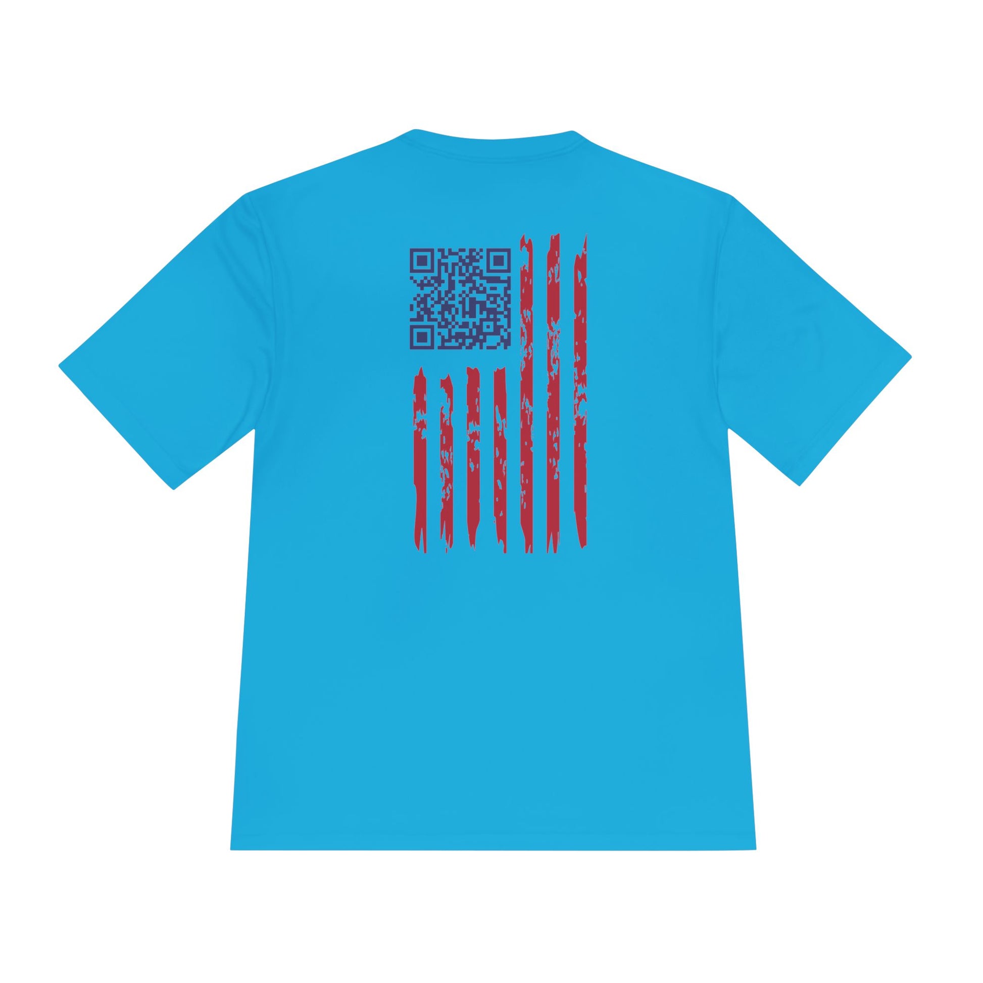 Atomic blue tee back revealing blue QR code next to rugged red-white striped flag