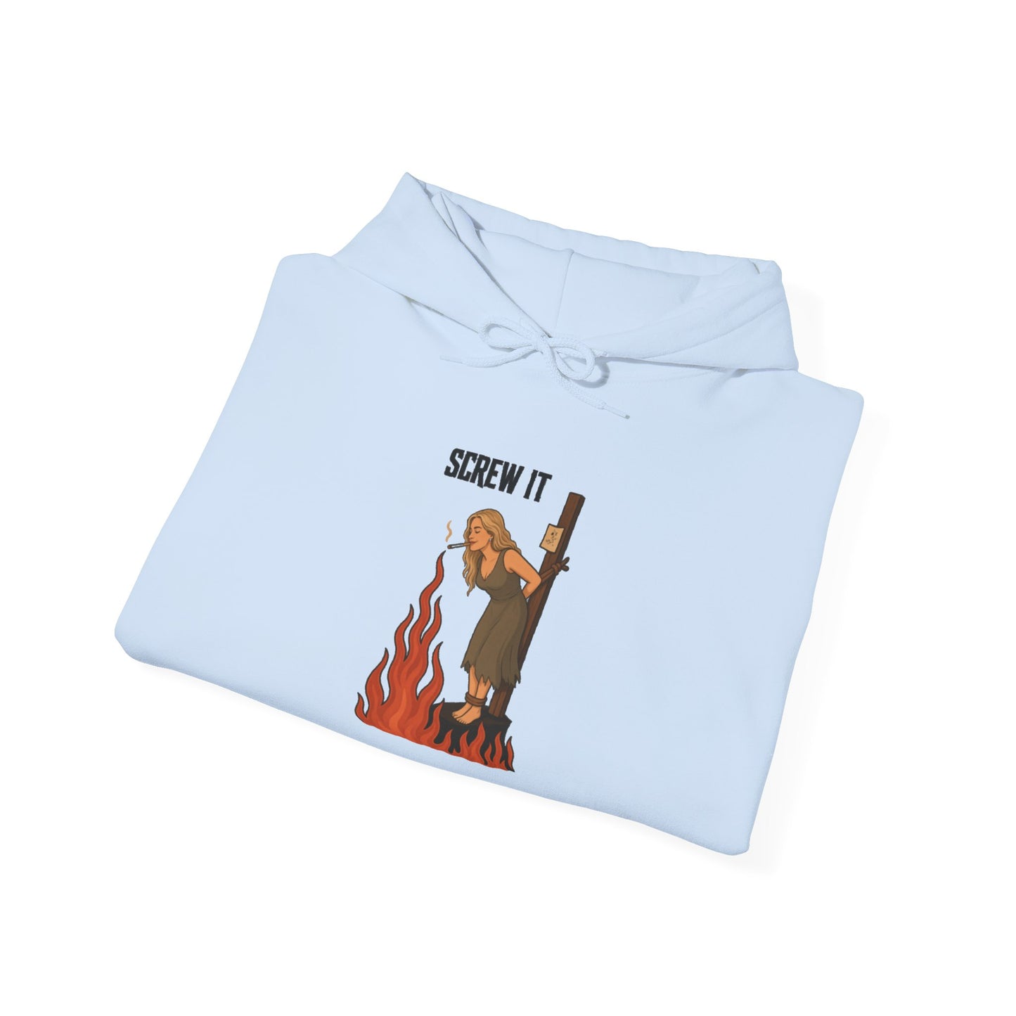 Screw It Hoodie – Funny Retro Character Flaming Witch Graphic Sweatshirt