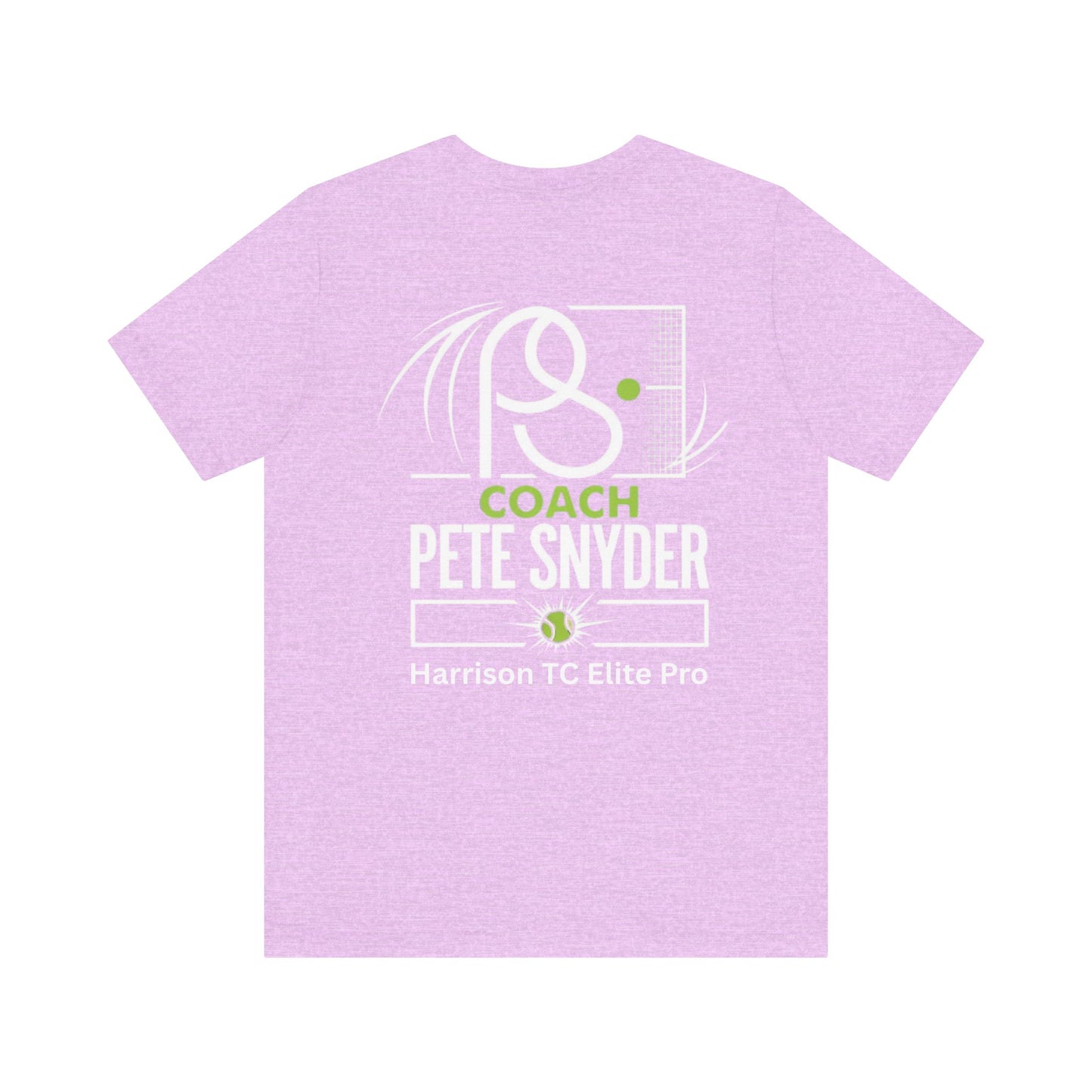Back view of lavender heather Coach Pete Snyder tee with white tennis racket graphic, bold "COACH PETE SNYDER" and "Harrison TC Elite Pro"