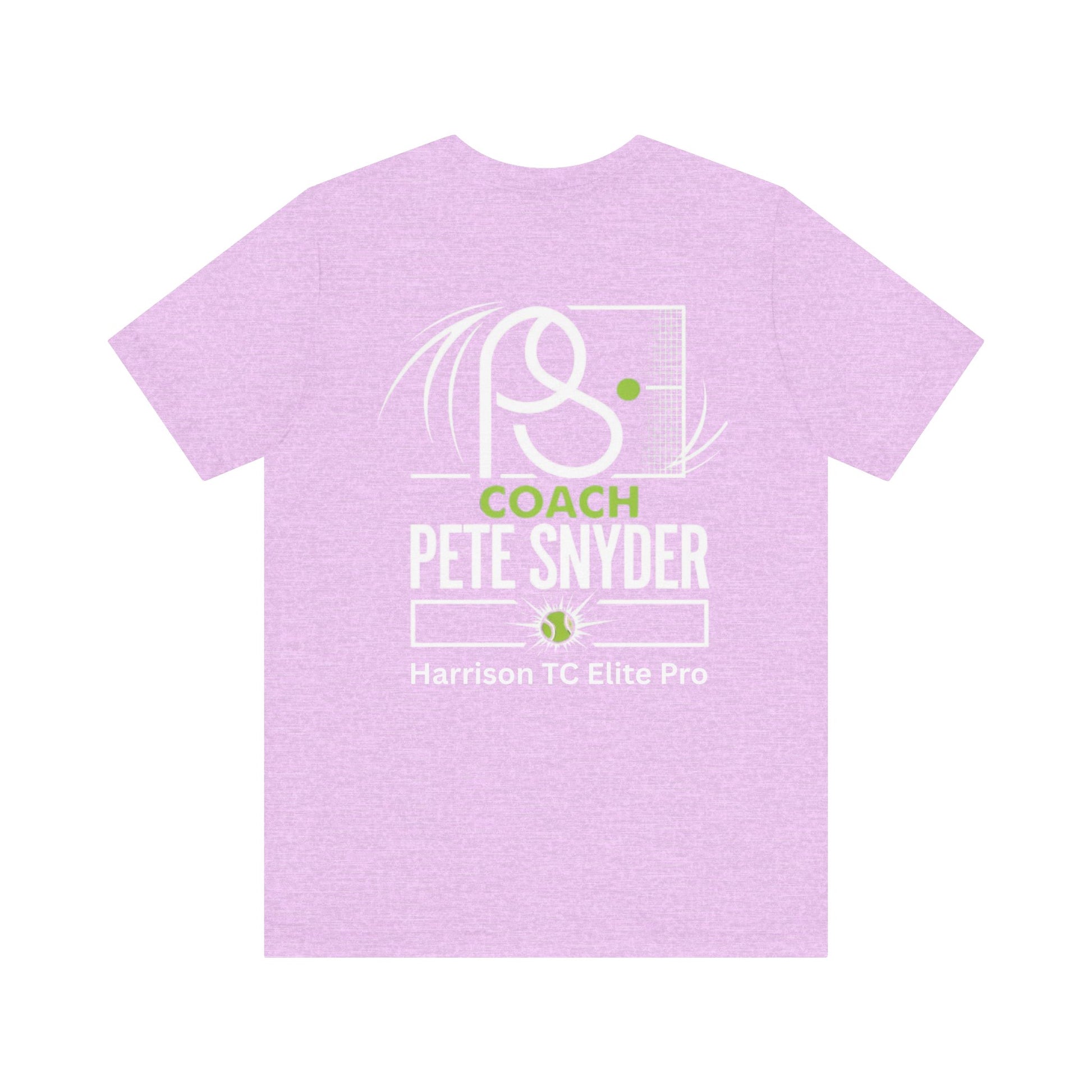 Back view of lavender heather Coach Pete Snyder tee with white tennis racket graphic, bold "COACH PETE SNYDER" and "Harrison TC Elite Pro"