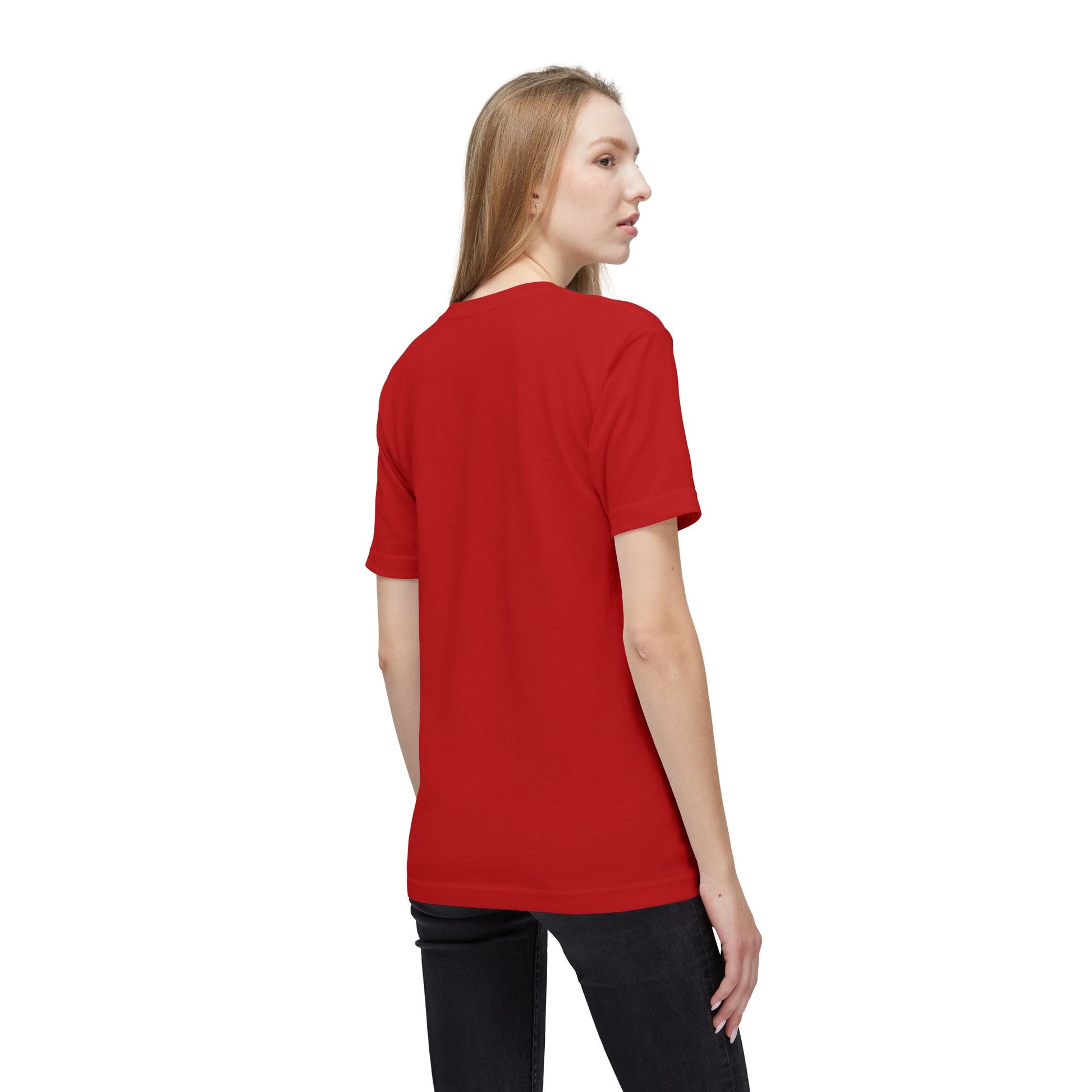 Model's back in bright red tee and jeans — peacemaking incognito