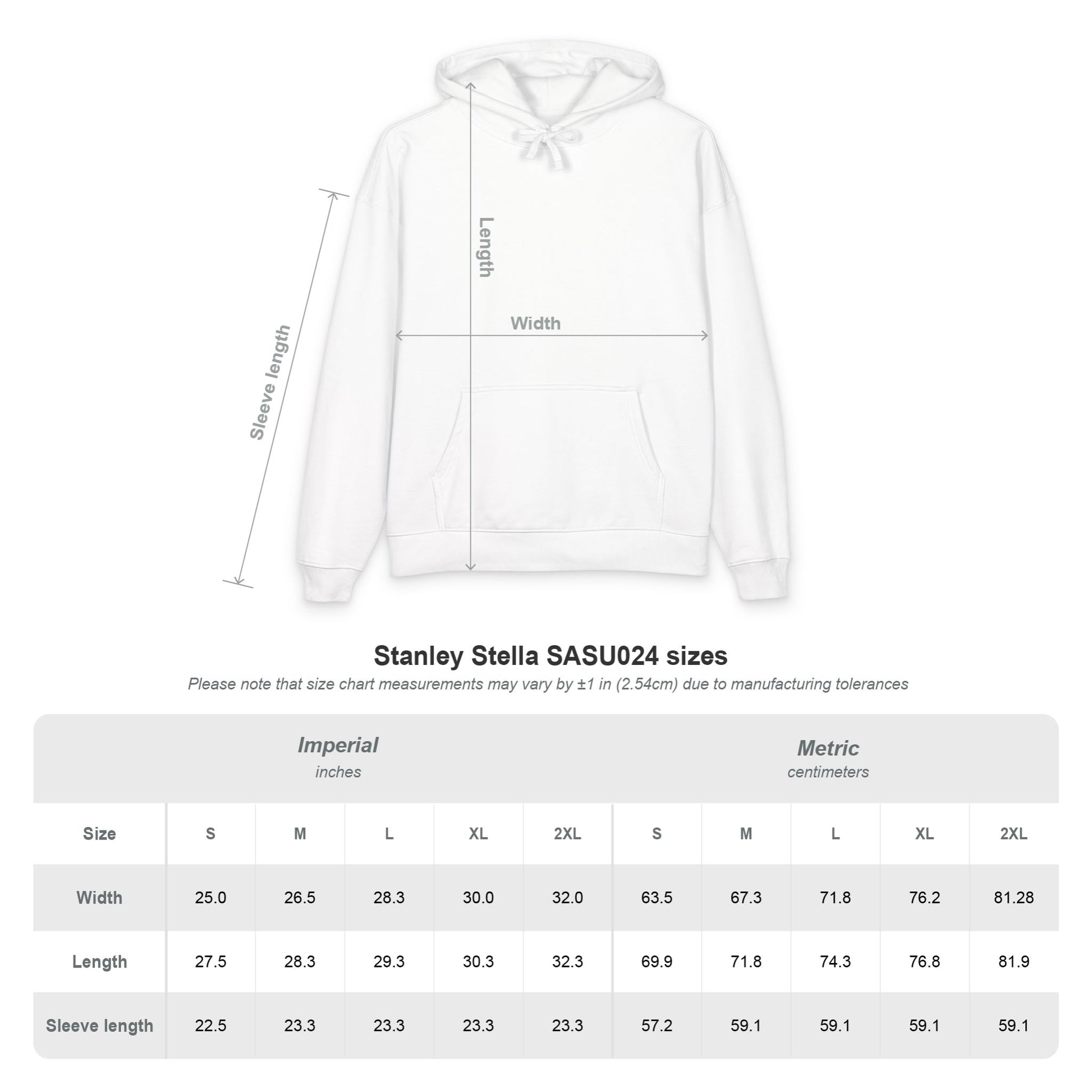 Size guide chart on navy hoodie for Stanley Stella SAU024, S-2XL body and sleeve measurements